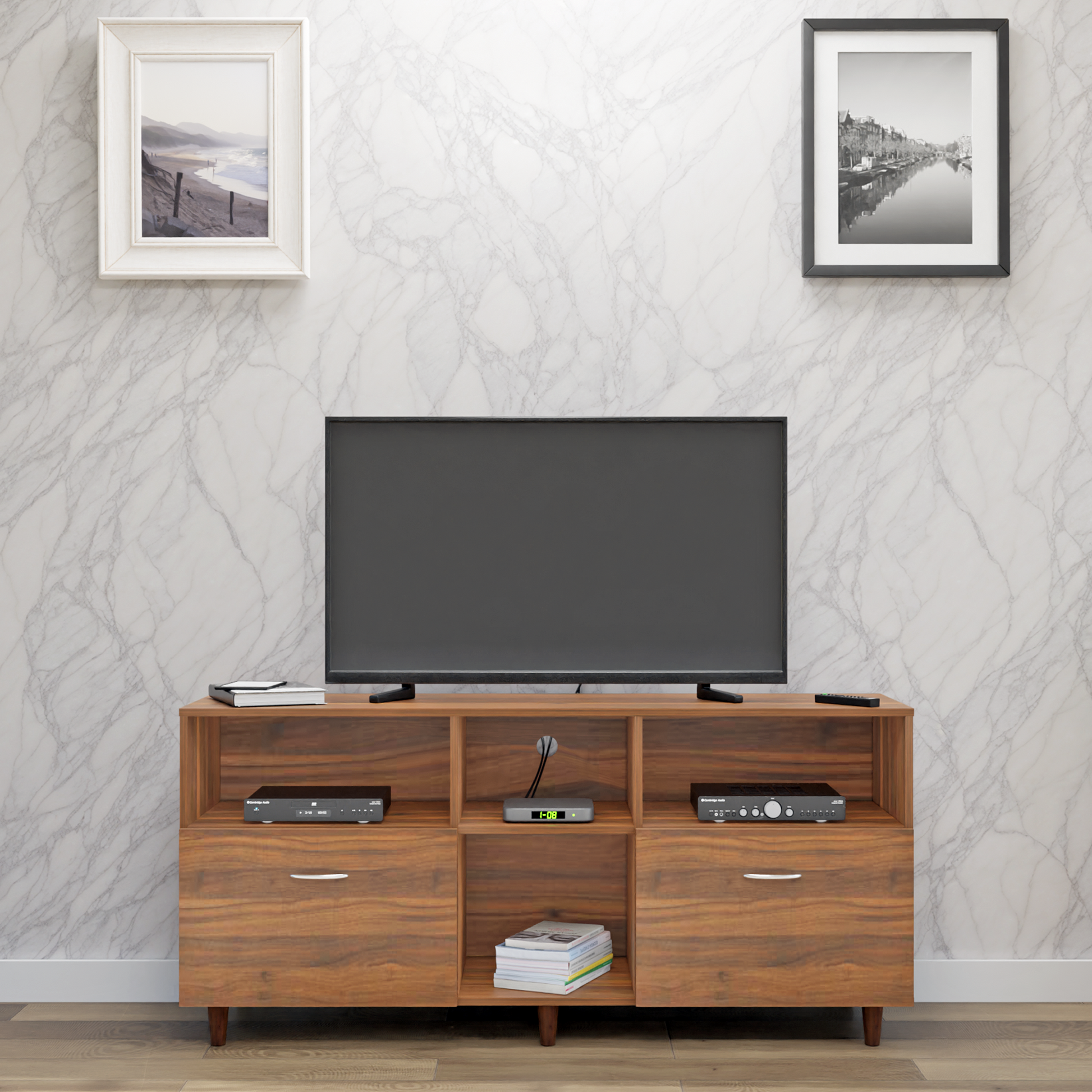 TV unit | 2 Drawers, Shelf & Open Shelves | Single Color TV & Entertainment Unit VIKI FURNITURE