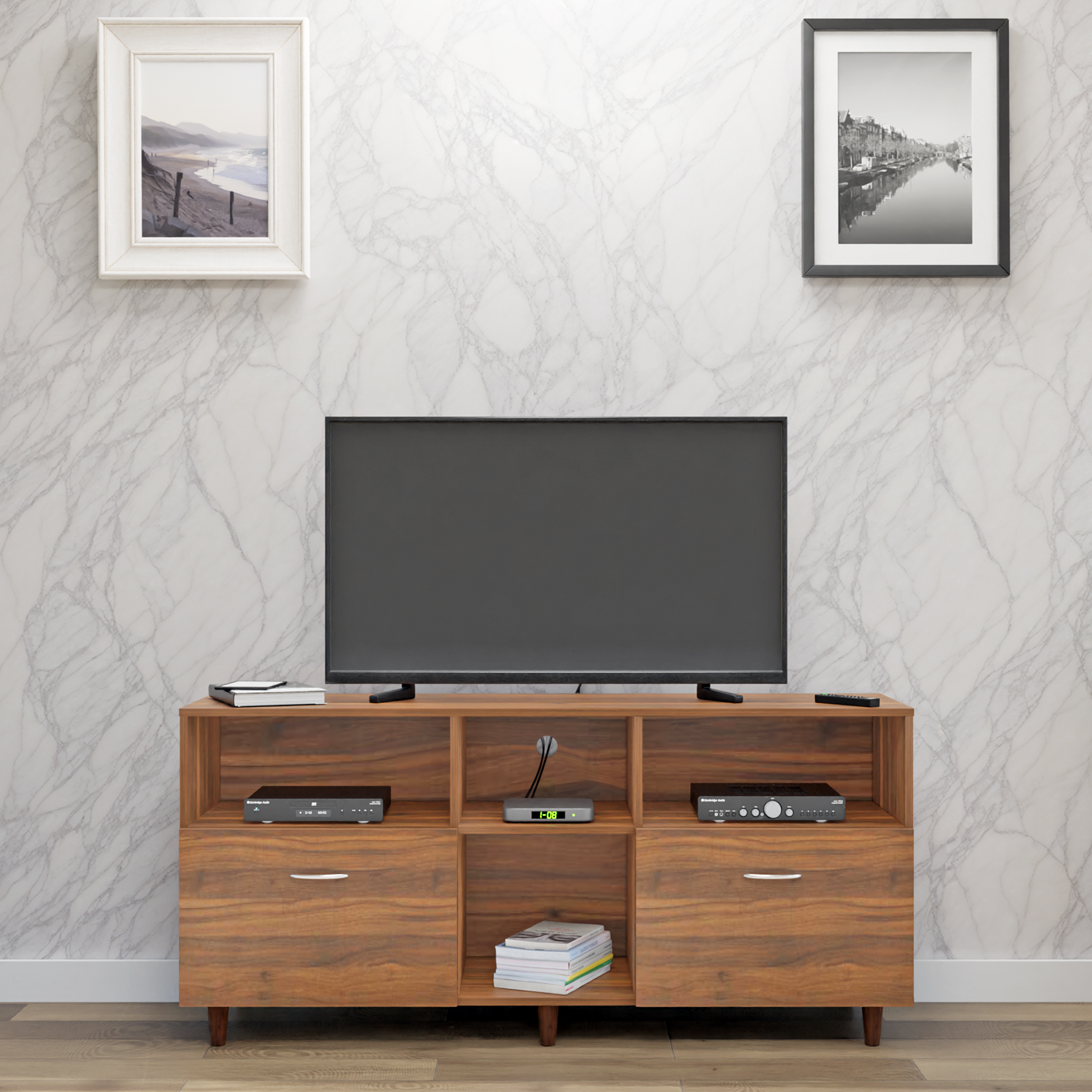 TV unit | 2 Drawers, Shelf & Open Shelves | Single Color TV & Entertainment Unit VIKI FURNITURE