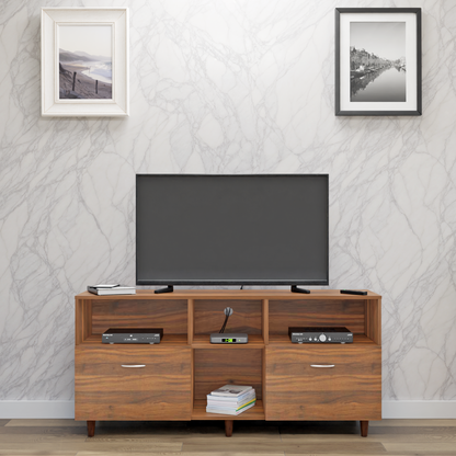 TV unit | 2 Drawers, Shelf & Open Shelves | Single Color TV & Entertainment Unit VIKI FURNITURE Brussel Walnut