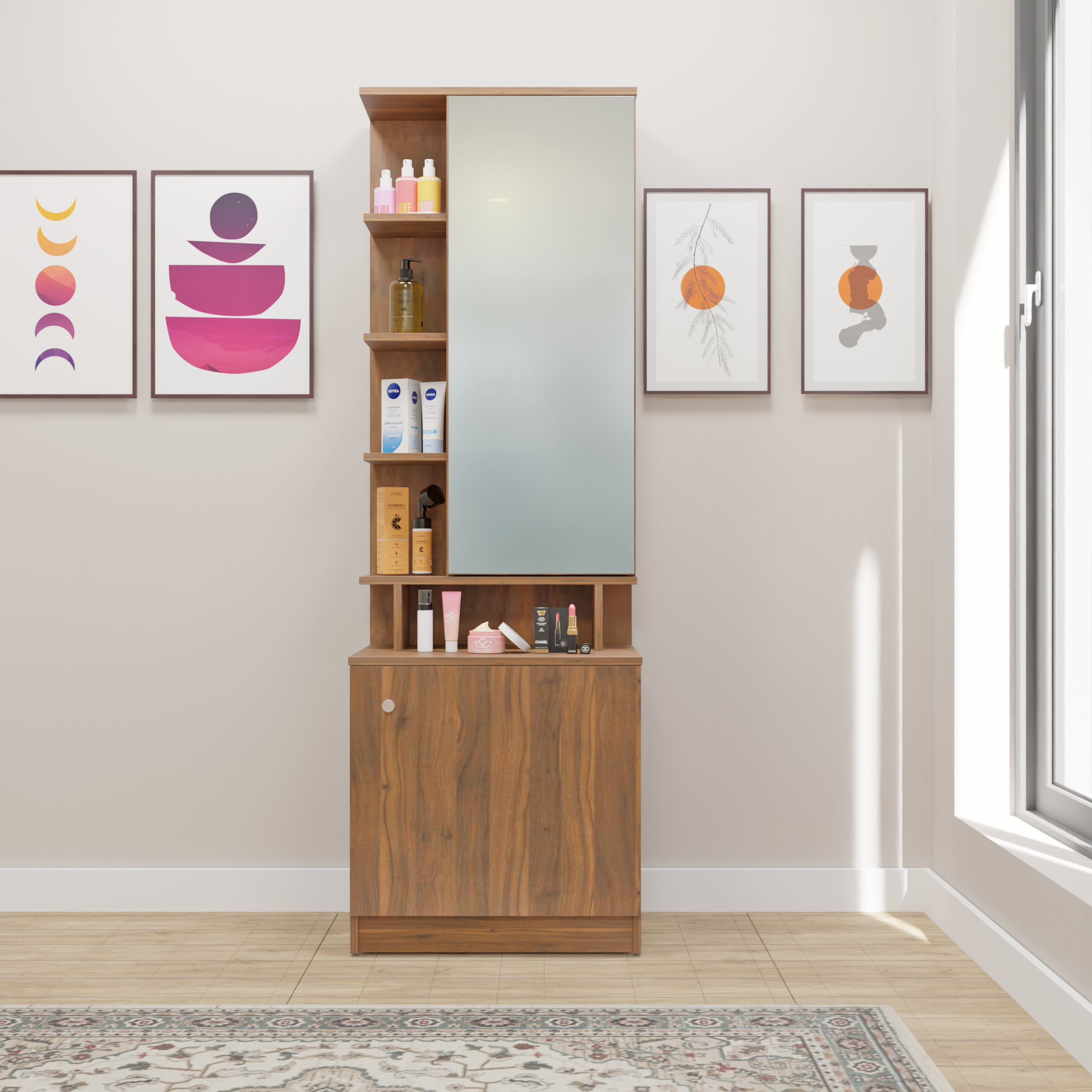 Dressing Table with Mirror Door | Drawer & Open Shelves Dressing Table VIKI FURNITURE Walnut