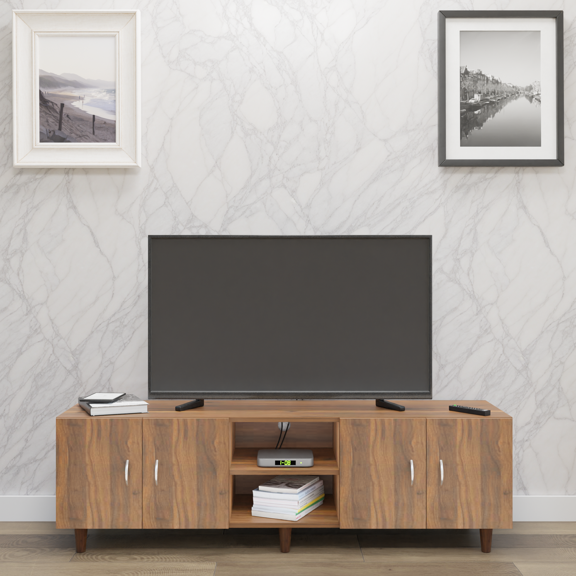TV unit | 4 Doors, Open Shelves | Single Color TV & Entertainment Unit VIKI FURNITURE