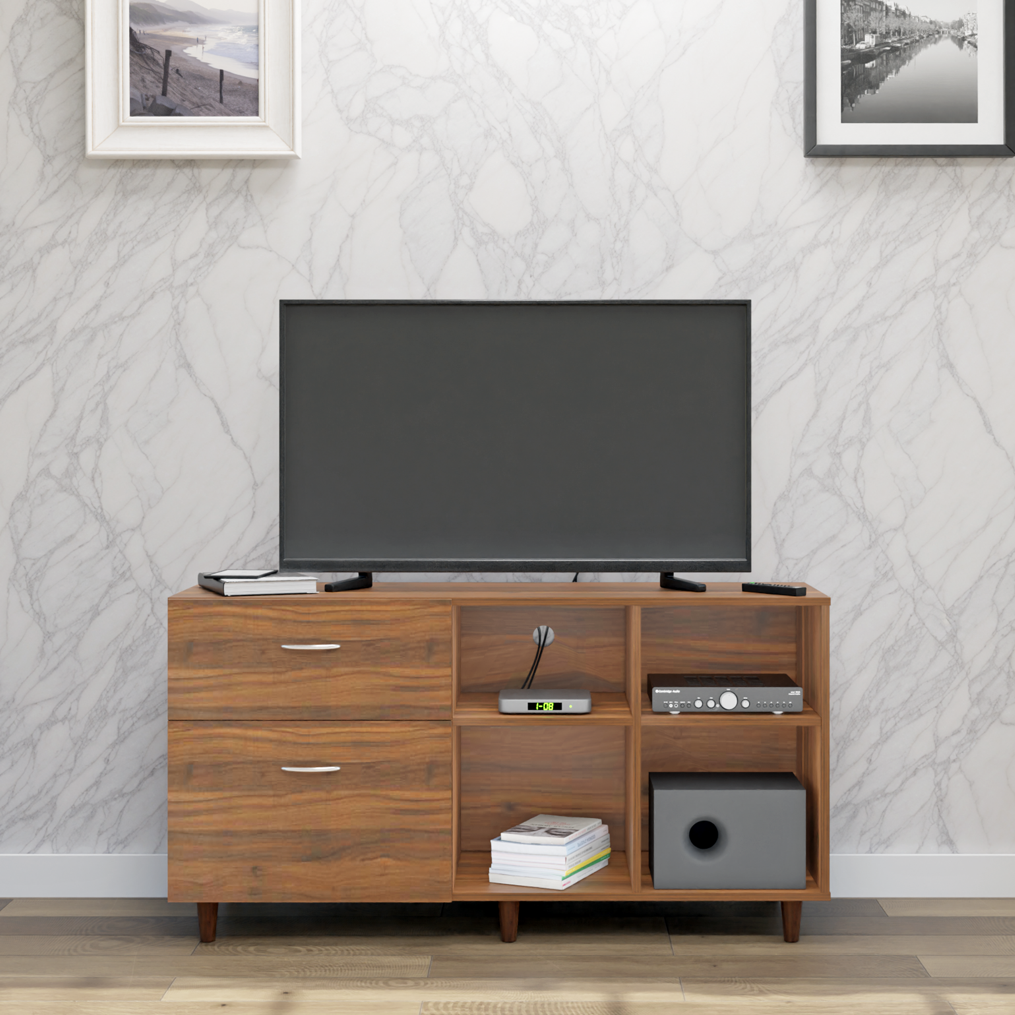TV Unit | 2 Drawers, Shelf & Open Shelves | Single Color TV & Entertainment Unit VIKI FURNITURE