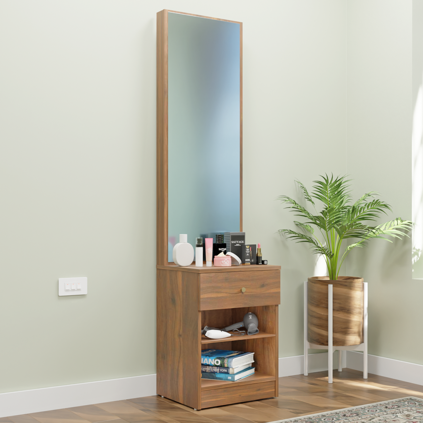 Dressing Table with Mirror Door | Drawer & Open Shelves Dressing Table VIKI FURNITURE Brussel Walnut