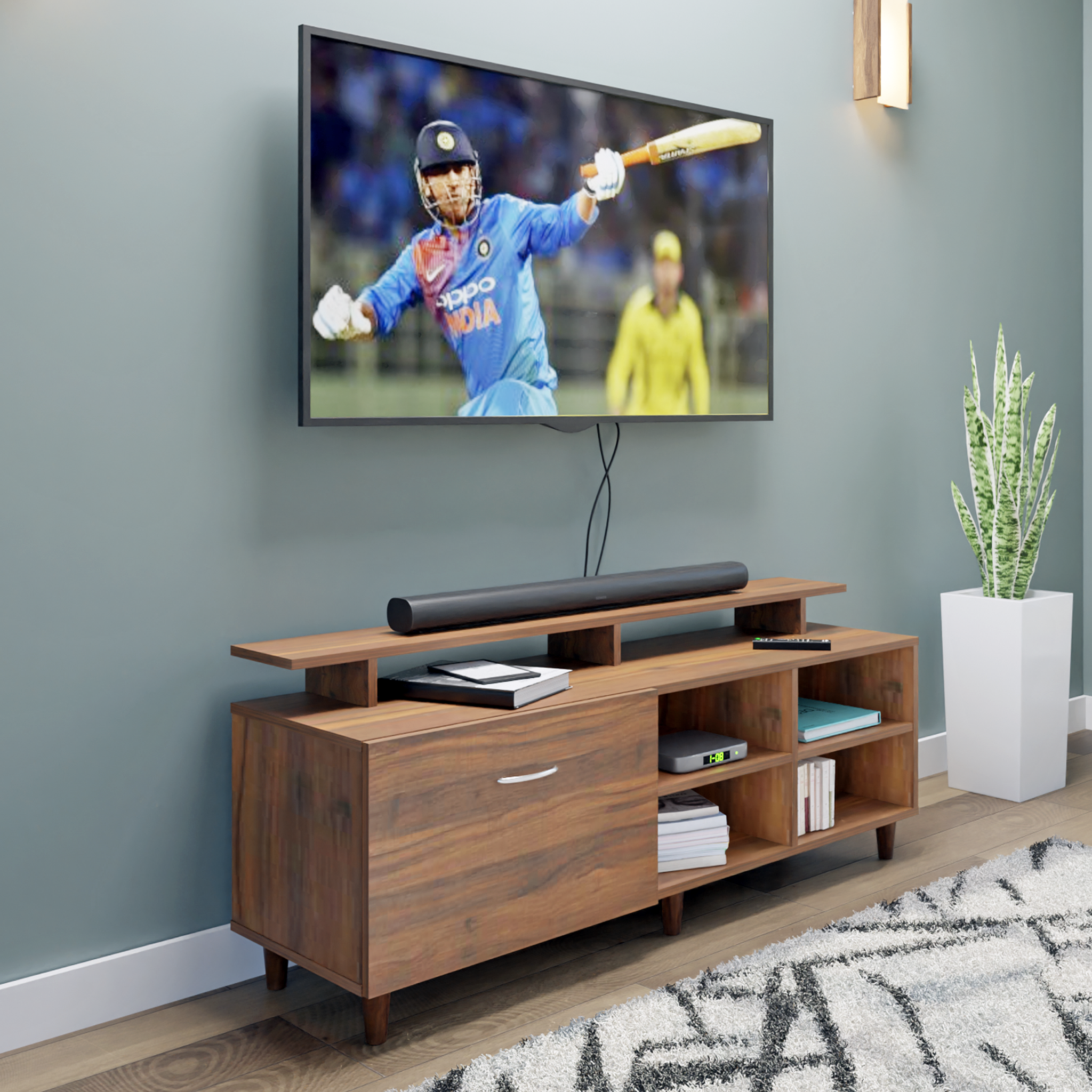TV Unit | 1 Drawer, Open Shelves & Extension | Single Color TV & Entertainment Unit VIKI FURNITURE Walnut