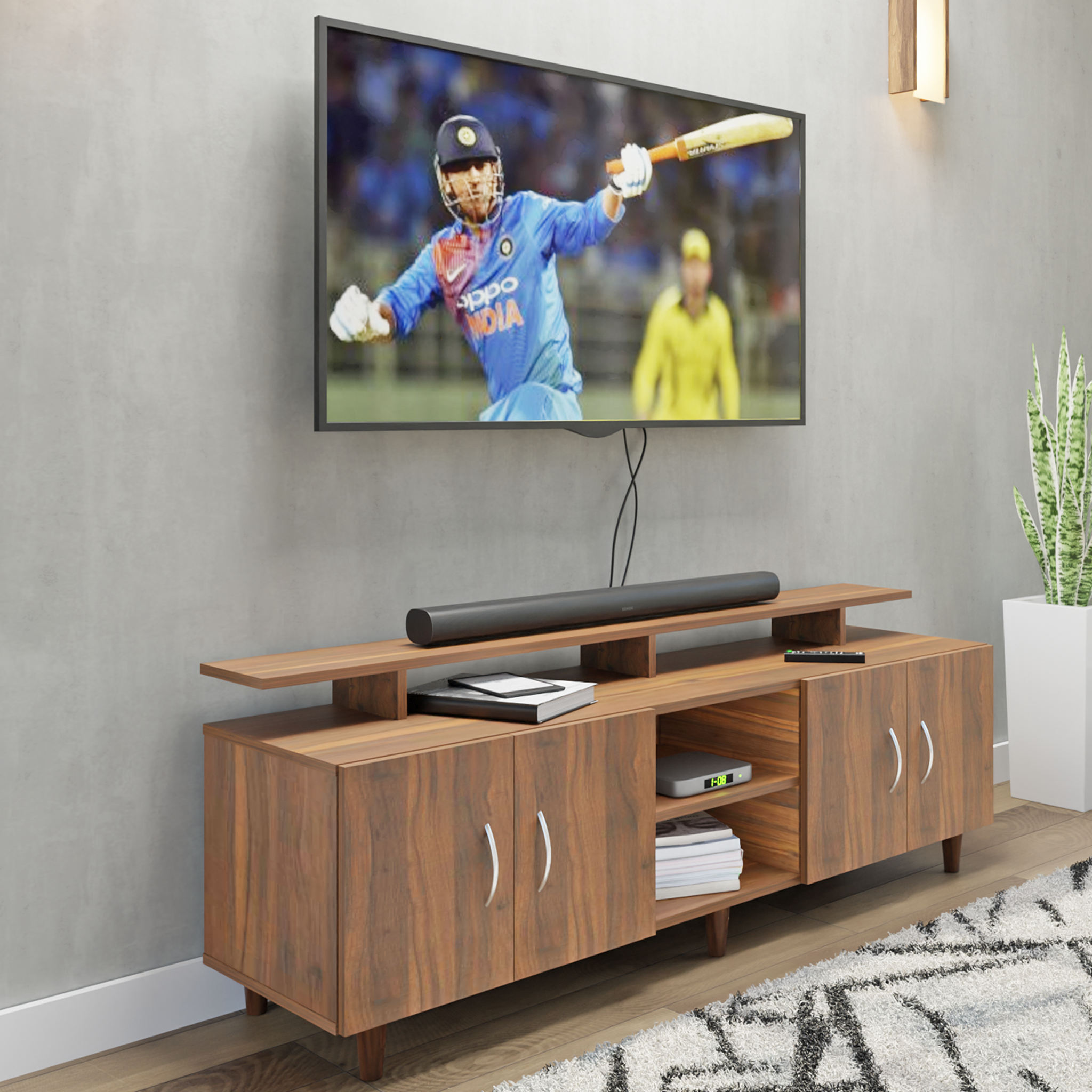 TV unit | 4 Doors, Open Shelves & Extension | Single Color TV & Entertainment Unit VIKI FURNITURE Walnut