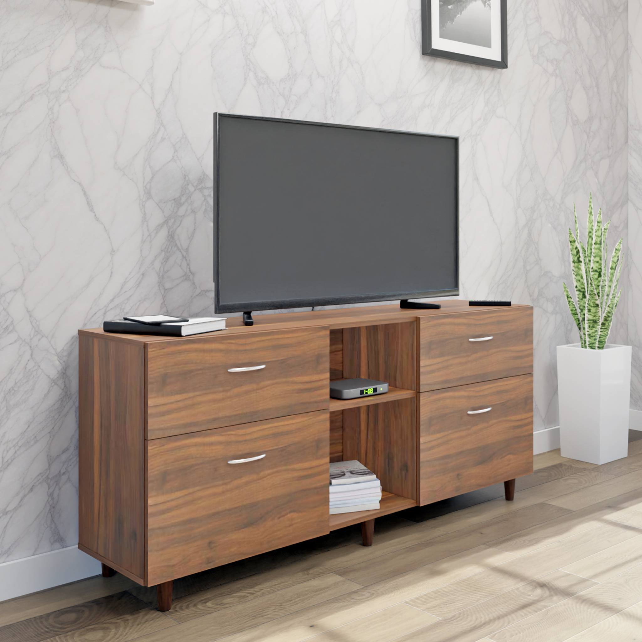 TV unit | 4 Drawers, Open Shelves | Single Color TV & Entertainment Unit VIKI FURNITURE Walnut