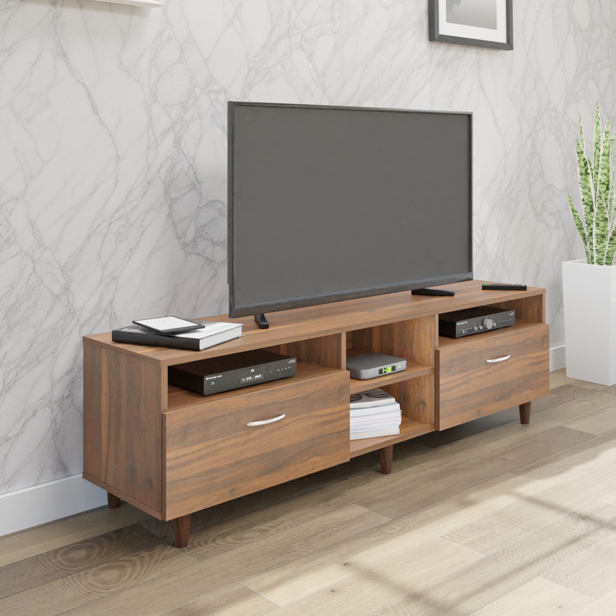 TV Unit | 2 Drawers, Open Shelves | Single Color TV & Entertainment Unit VIKI FURNITURE Walnut