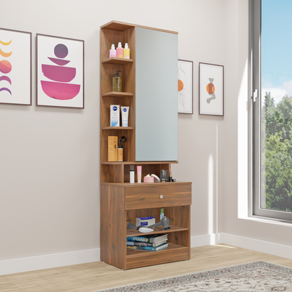 Dressing Table with Mirror Door | Door | Drawer & Open Shelves Dressing Table VIKI FURNITURE Brussel Walnut