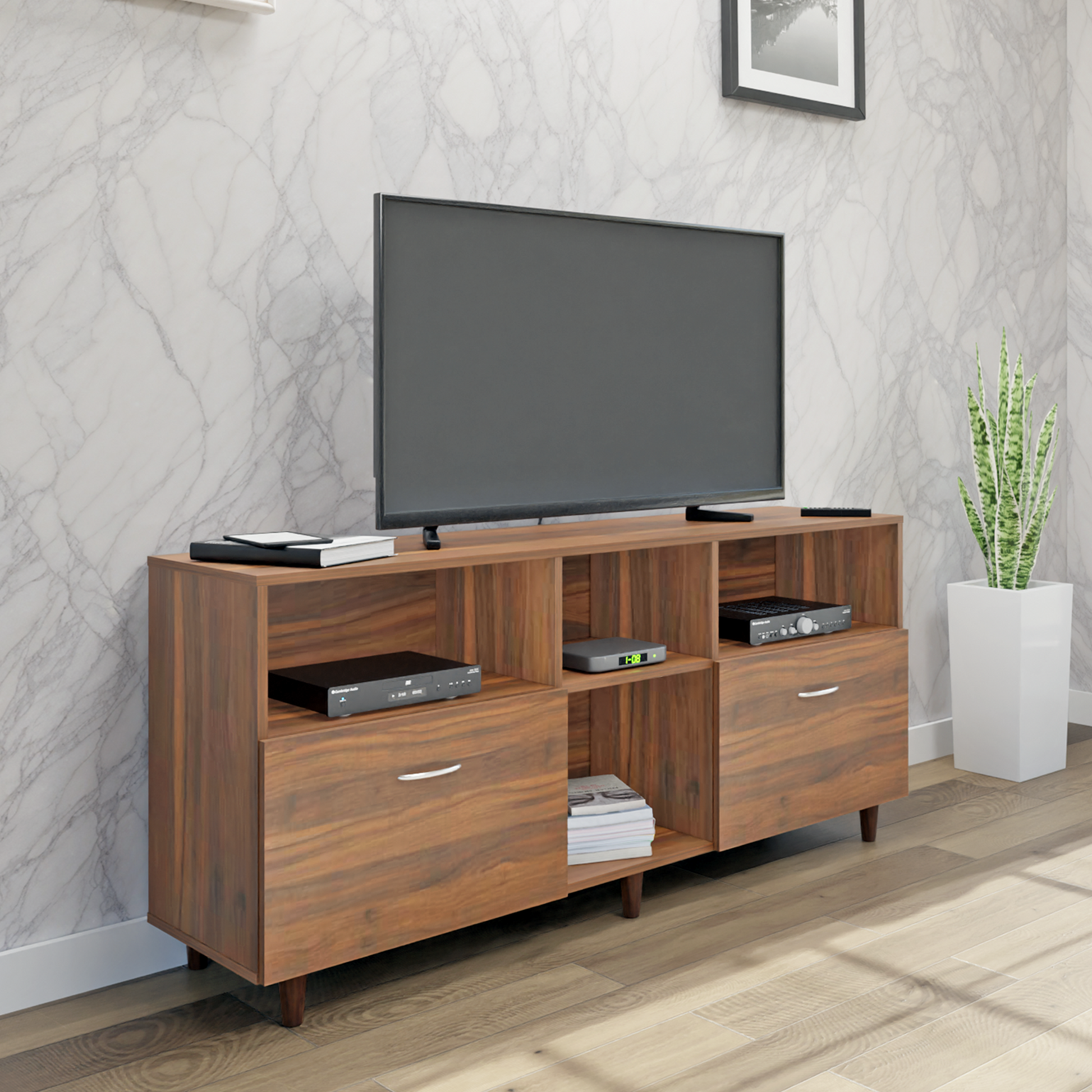 TV unit | 2 Drawers, Shelf & Open Shelves | Single Color TV & Entertainment Unit VIKI FURNITURE