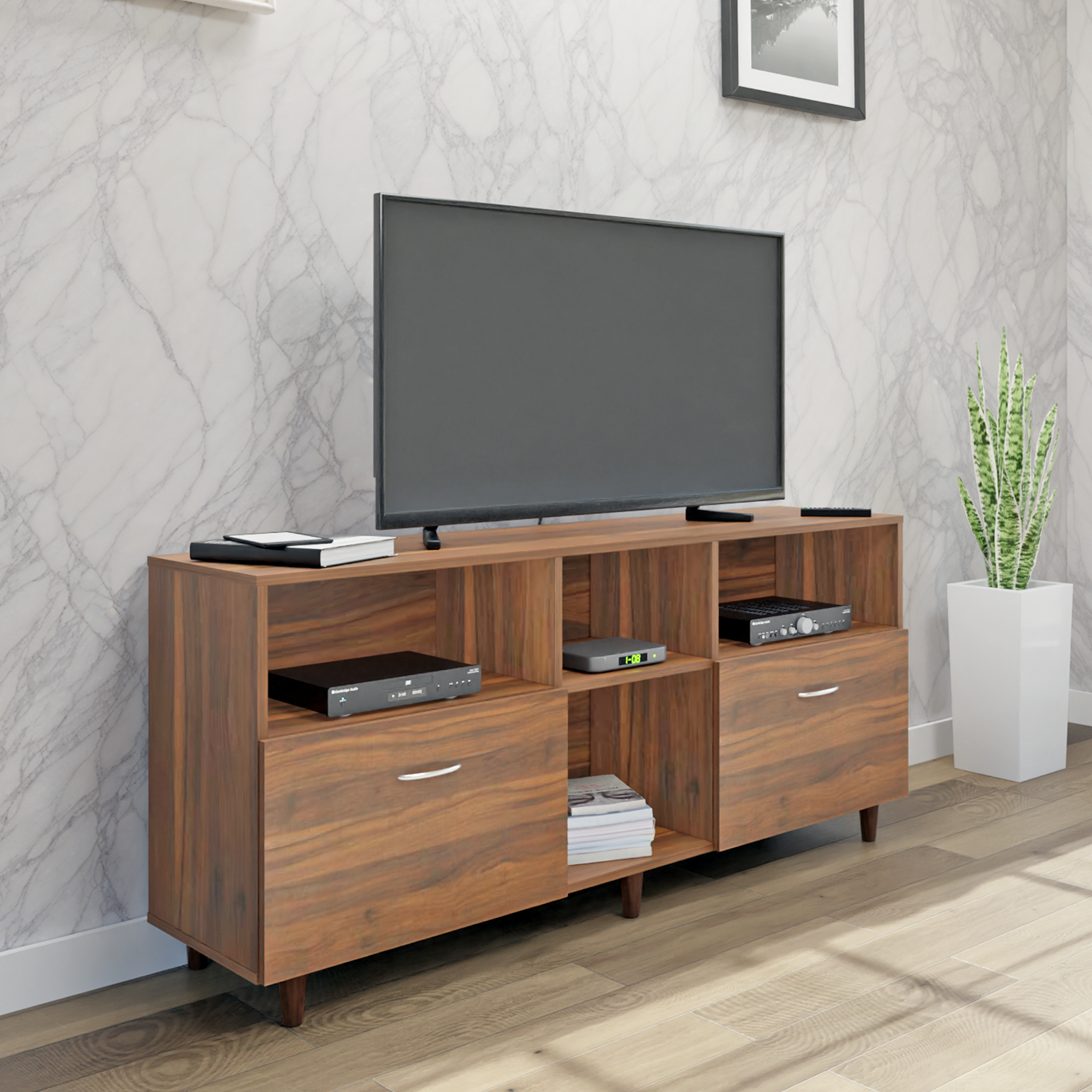 TV unit | 2 Drawers, Shelf & Open Shelves | Single Color TV & Entertainment Unit VIKI FURNITURE Walnut