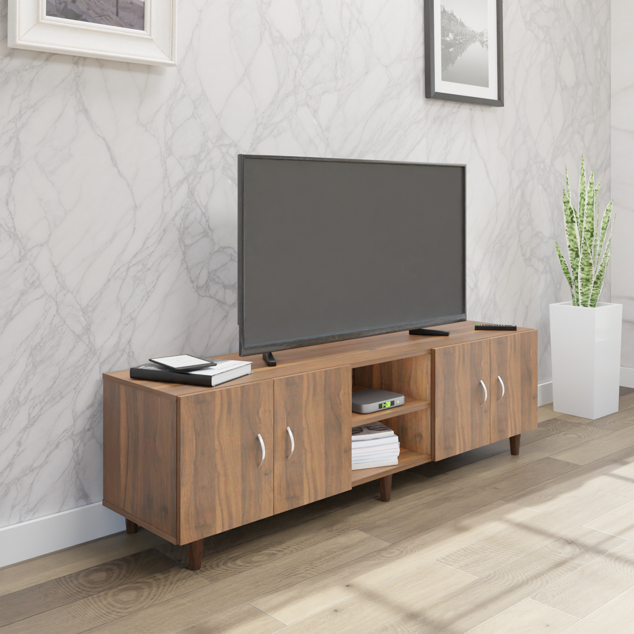 TV unit | 4 Doors, Open Shelves | Single Color TV & Entertainment Unit VIKI FURNITURE Walnut