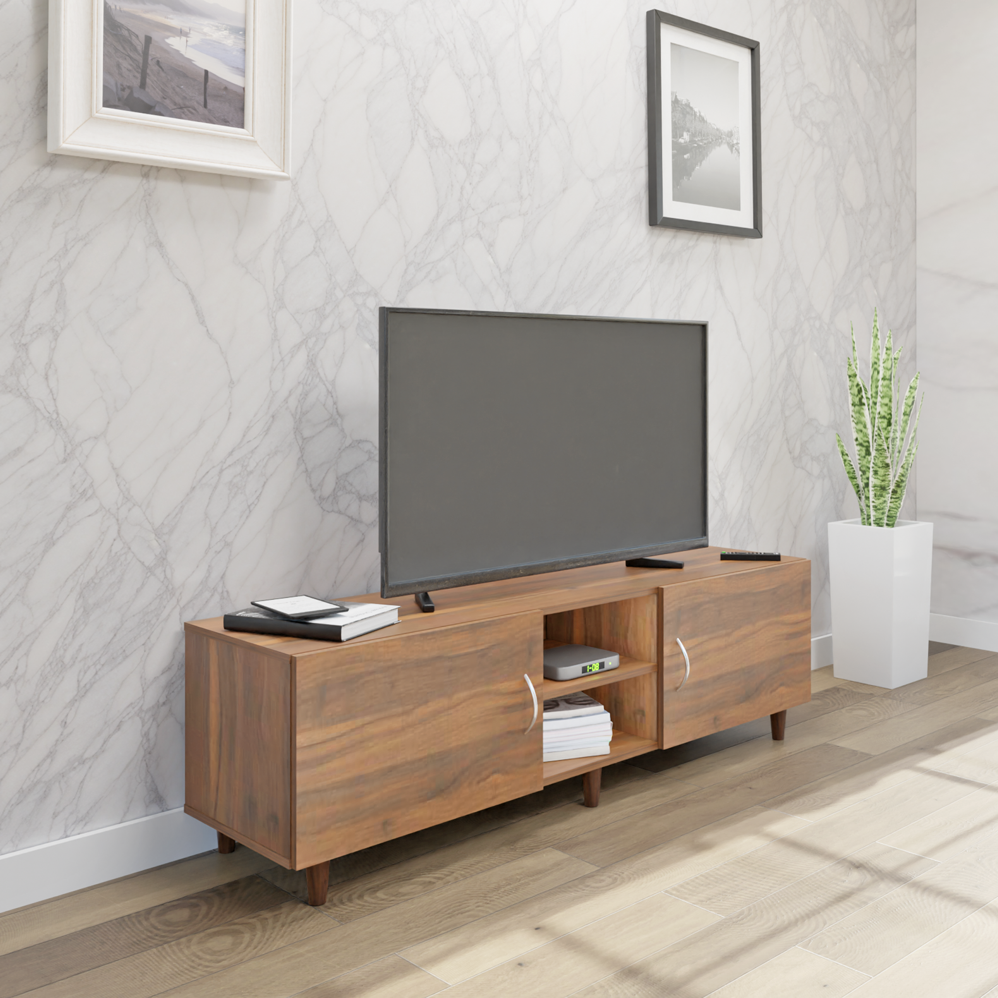 TV Unit | 2 Doors, Open Shelves | Single Color TV & Entertainment Unit VIKI FURNITURE Walnut