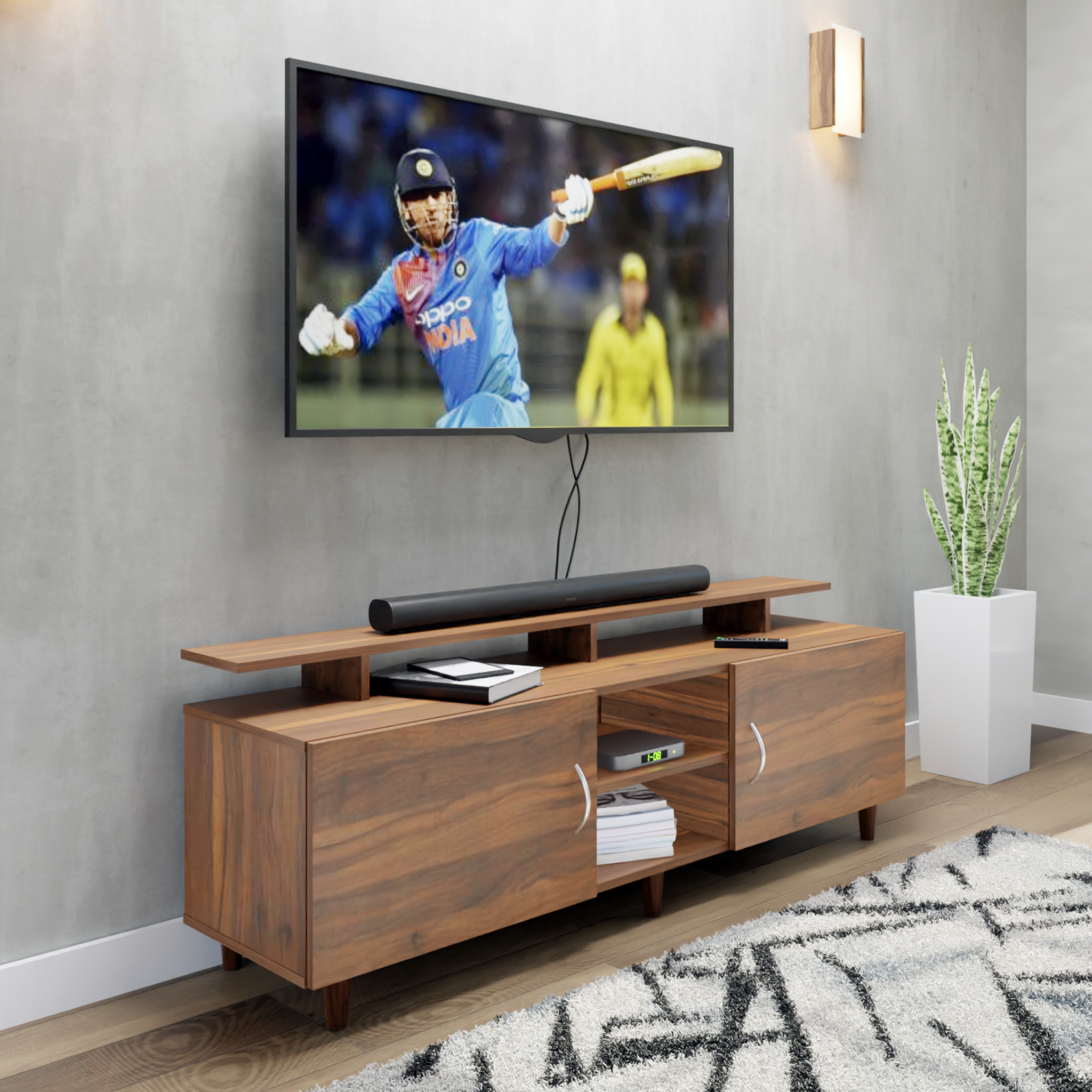 TV unit | 2 Doors, Open Shelves & Extension | Single Color TV & Entertainment Unit VIKI FURNITURE Walnut