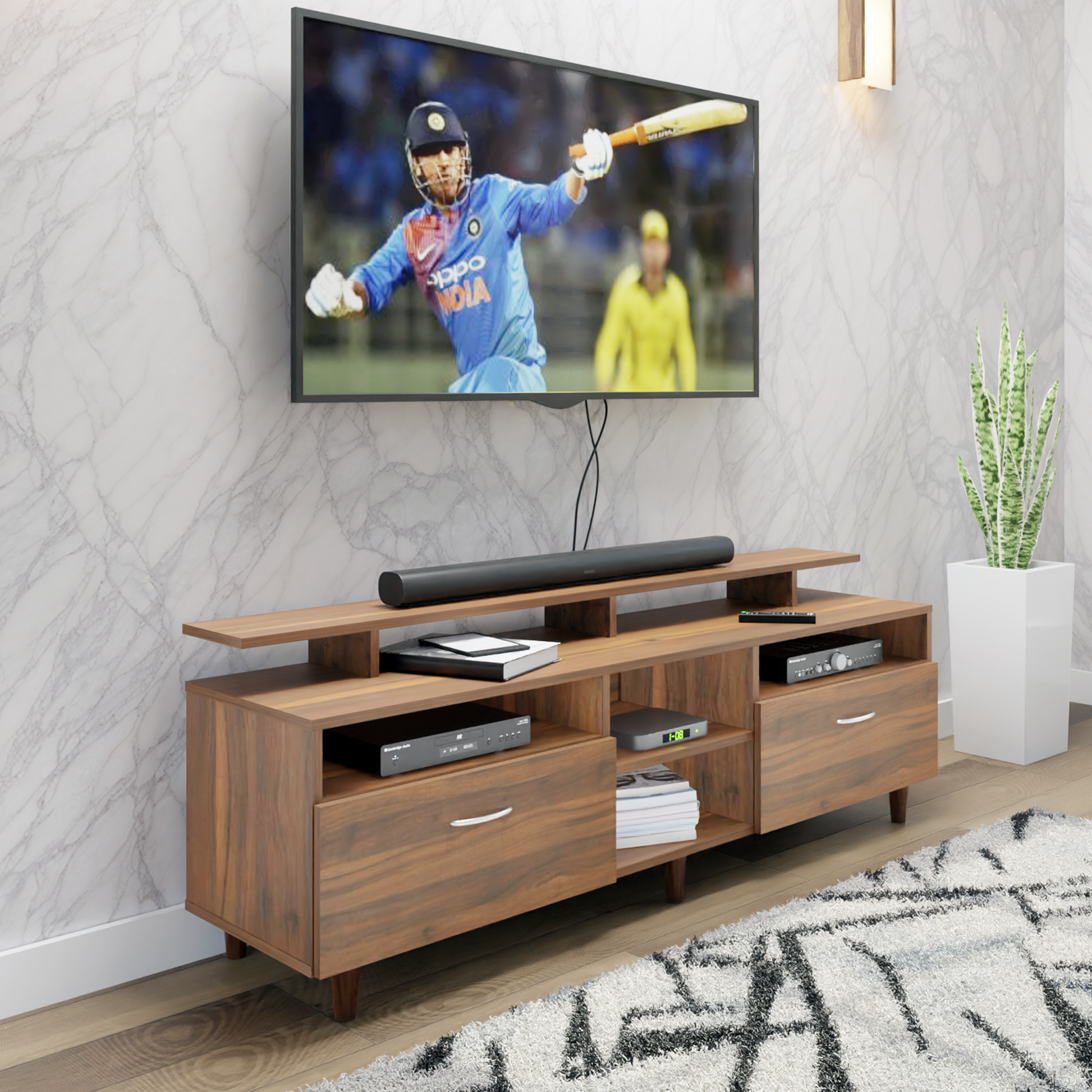 TV Unit | 2 Drawers, Open Shelves & Extension | Single Color TV & Entertainment Unit VIKI FURNITURE