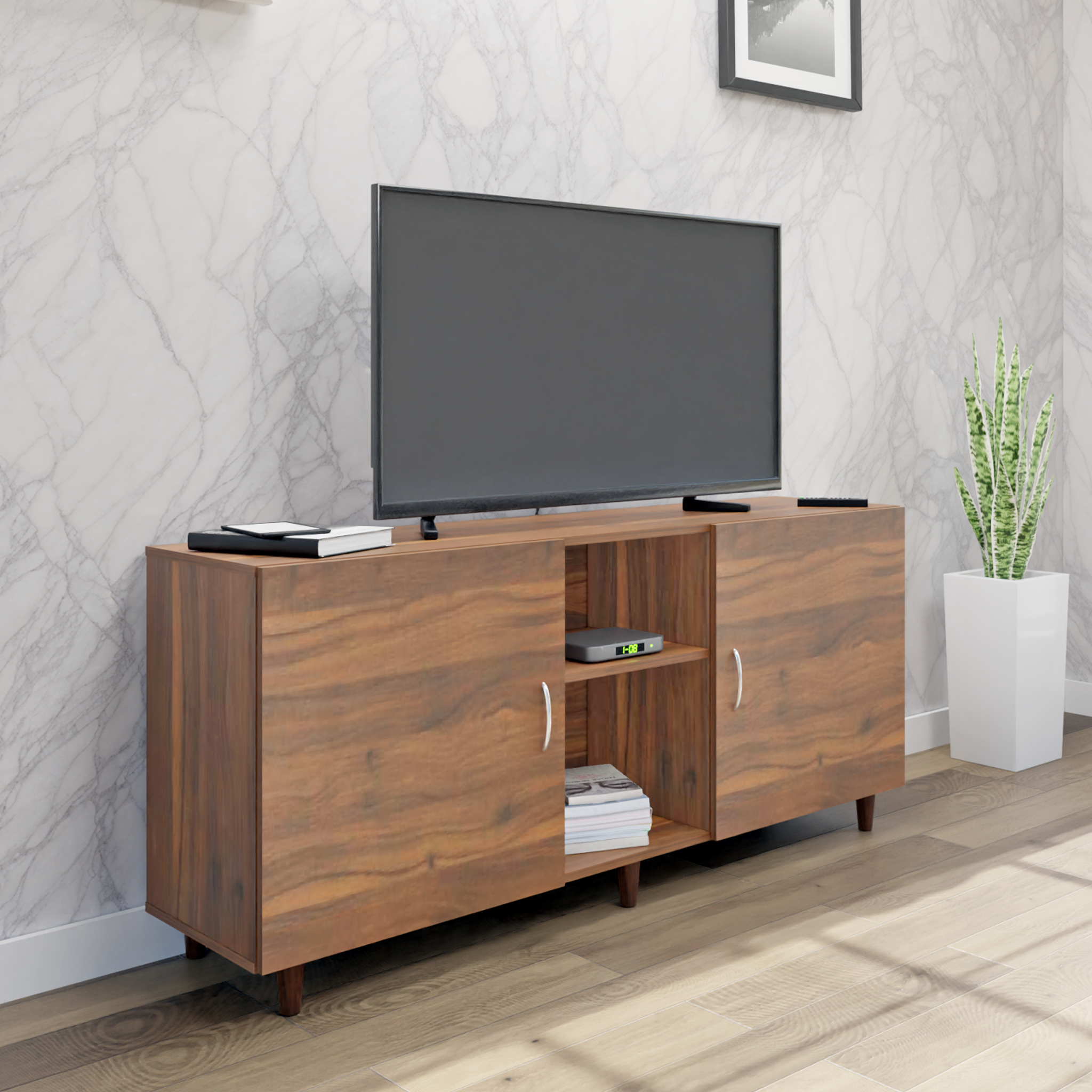 TV Unit | 2 Doors, Open Shelves | Single Color TV & Entertainment Unit VIKI FURNITURE Walnut