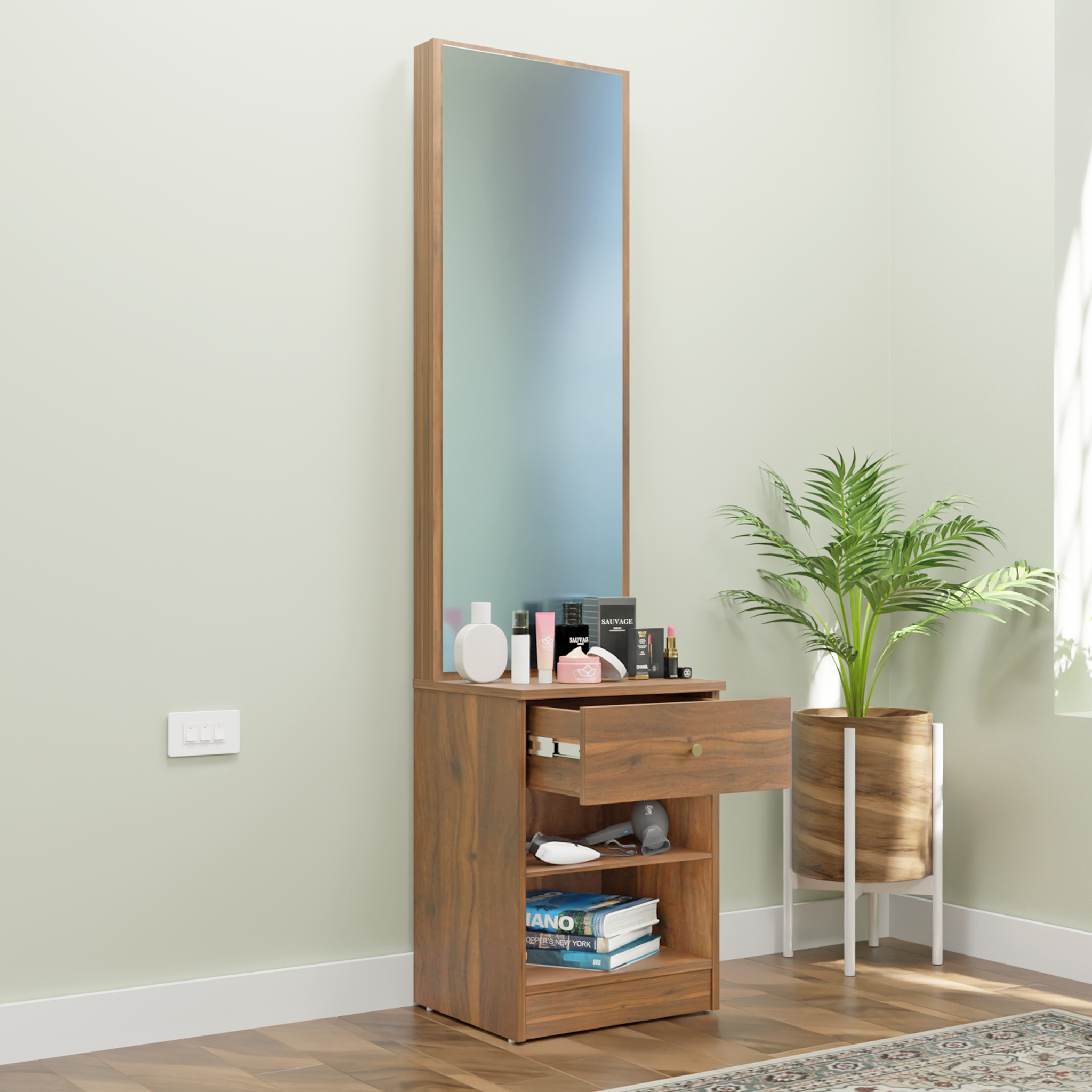 Dressing Table with Mirror Door | Drawer & Open Shelves Dressing Table VIKI FURNITURE Walnut