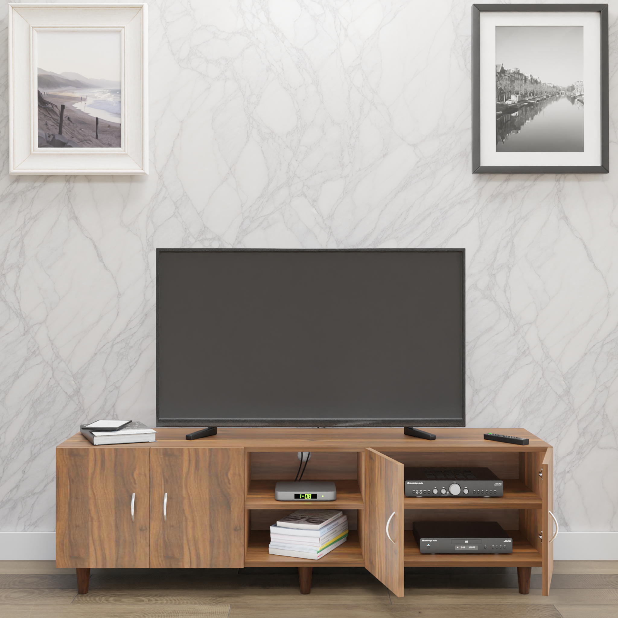 TV unit | 4 Doors, Open Shelves | Single Color TV & Entertainment Unit VIKI FURNITURE
