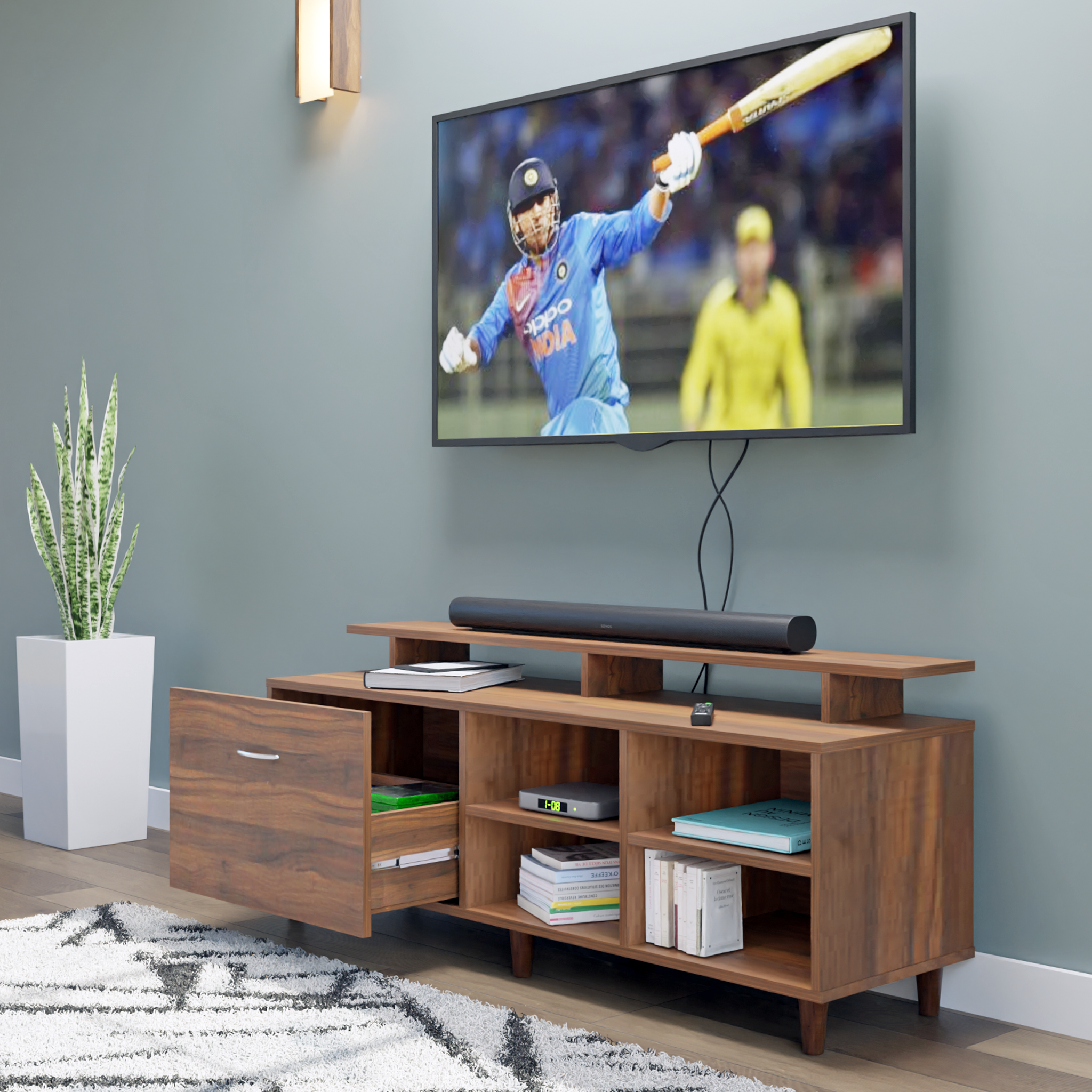 TV Unit | 1 Drawer, Open Shelves & Extension | Single Color TV & Entertainment Unit VIKI FURNITURE