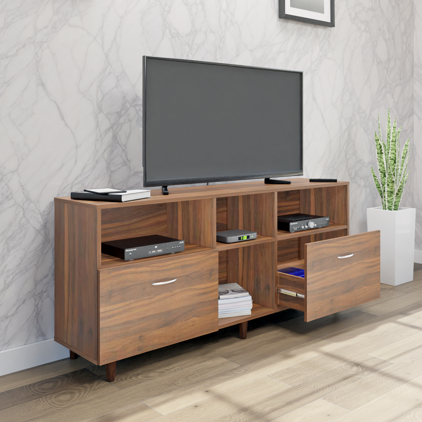 TV unit | 2 Drawers, Shelf & Open Shelves | Single Color TV & Entertainment Unit VIKI FURNITURE