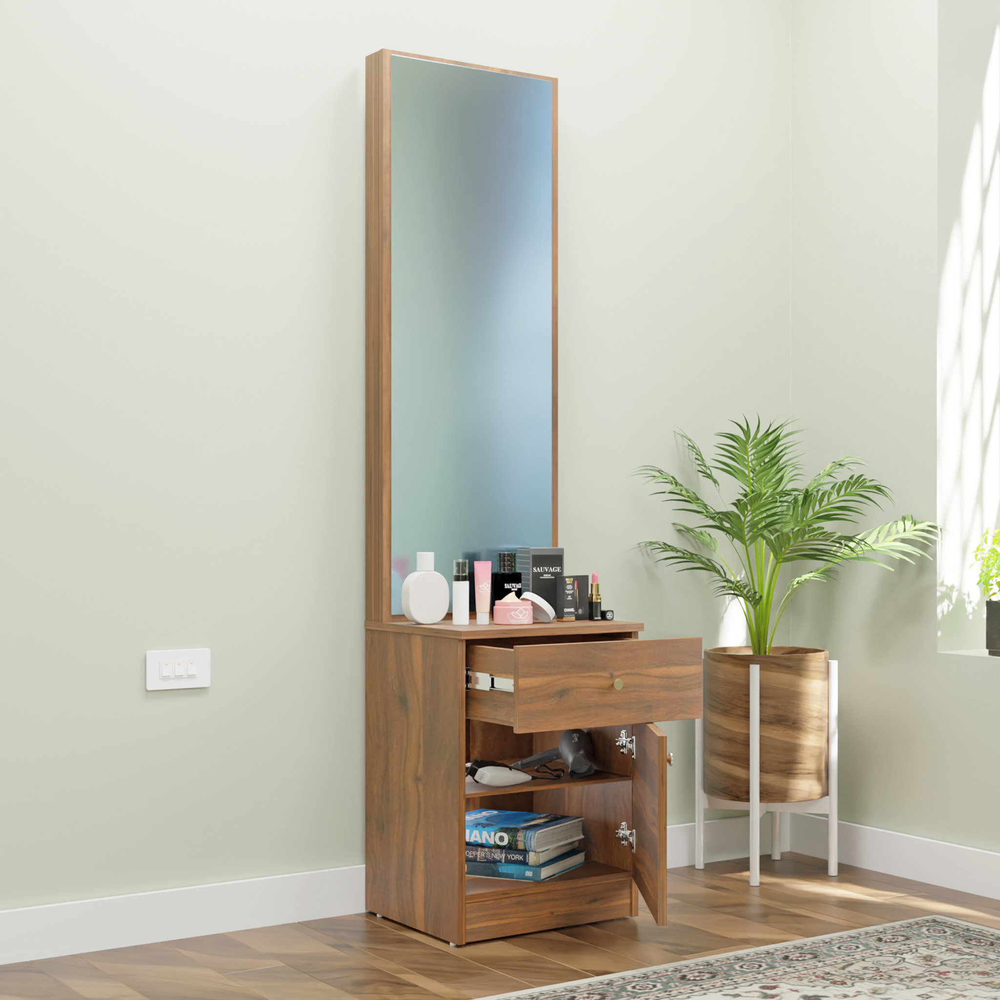 Dressing Table with Mirror Door | Door | Drawer & Open Shelves Dressing Table VIKI FURNITURE Walnut