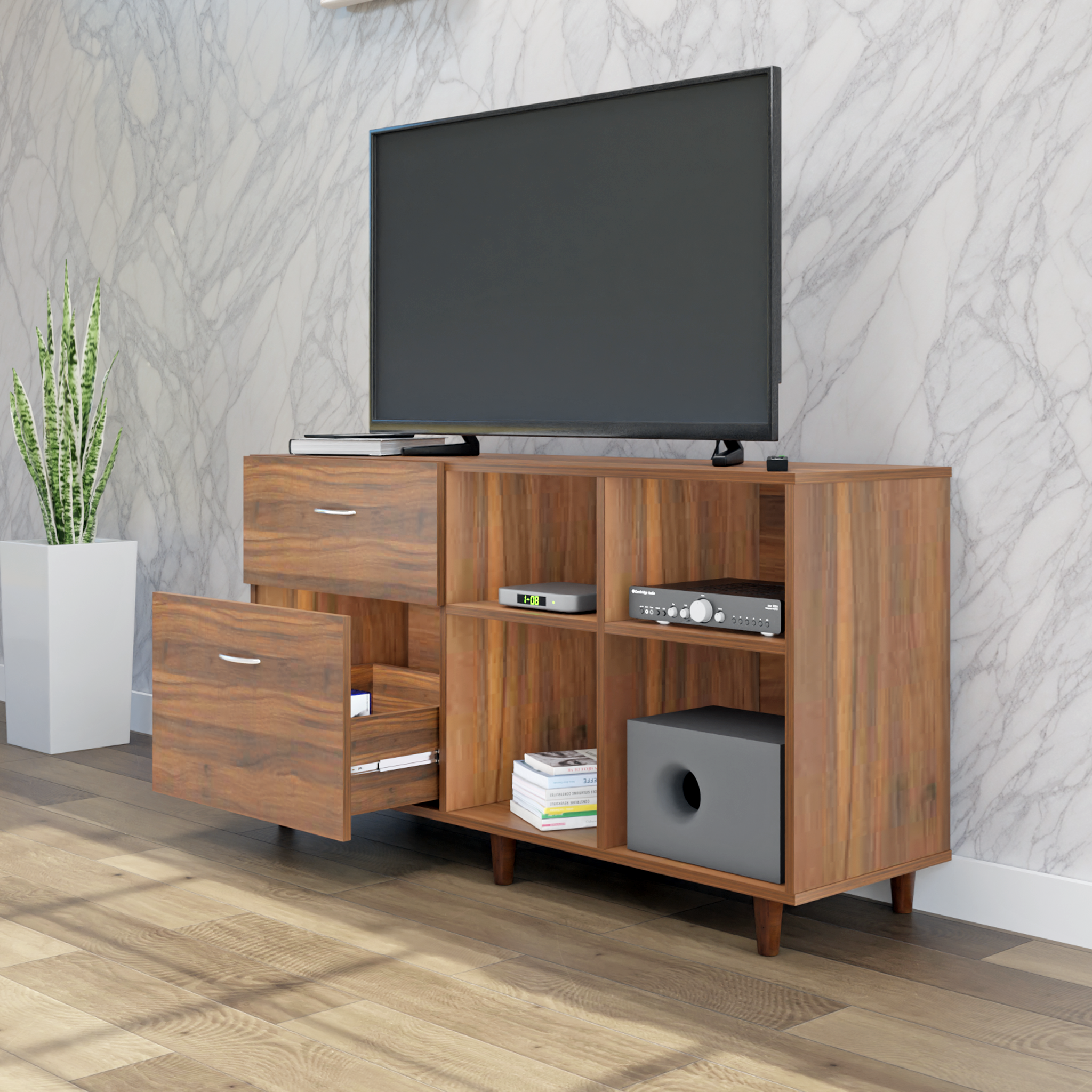 TV Unit | 2 Drawers, Shelf & Open Shelves | Single Color TV & Entertainment Unit VIKI FURNITURE
