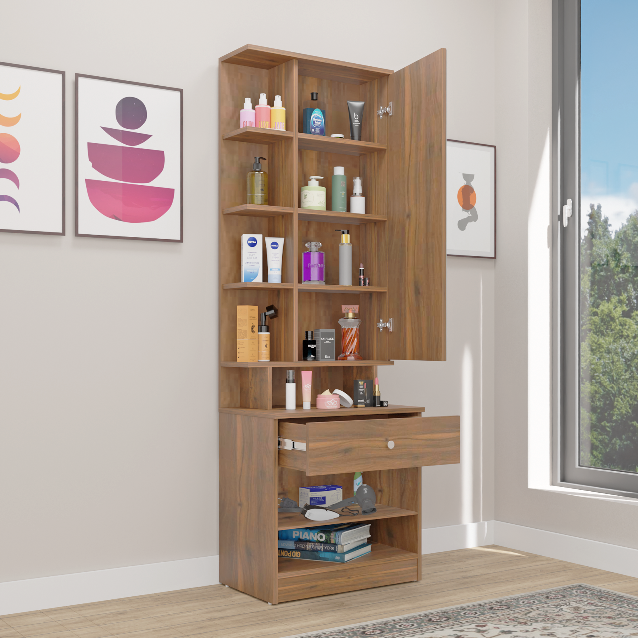 Dressing Table with Mirror Door | Door | Drawer & Open Shelves Dressing Table VIKI FURNITURE