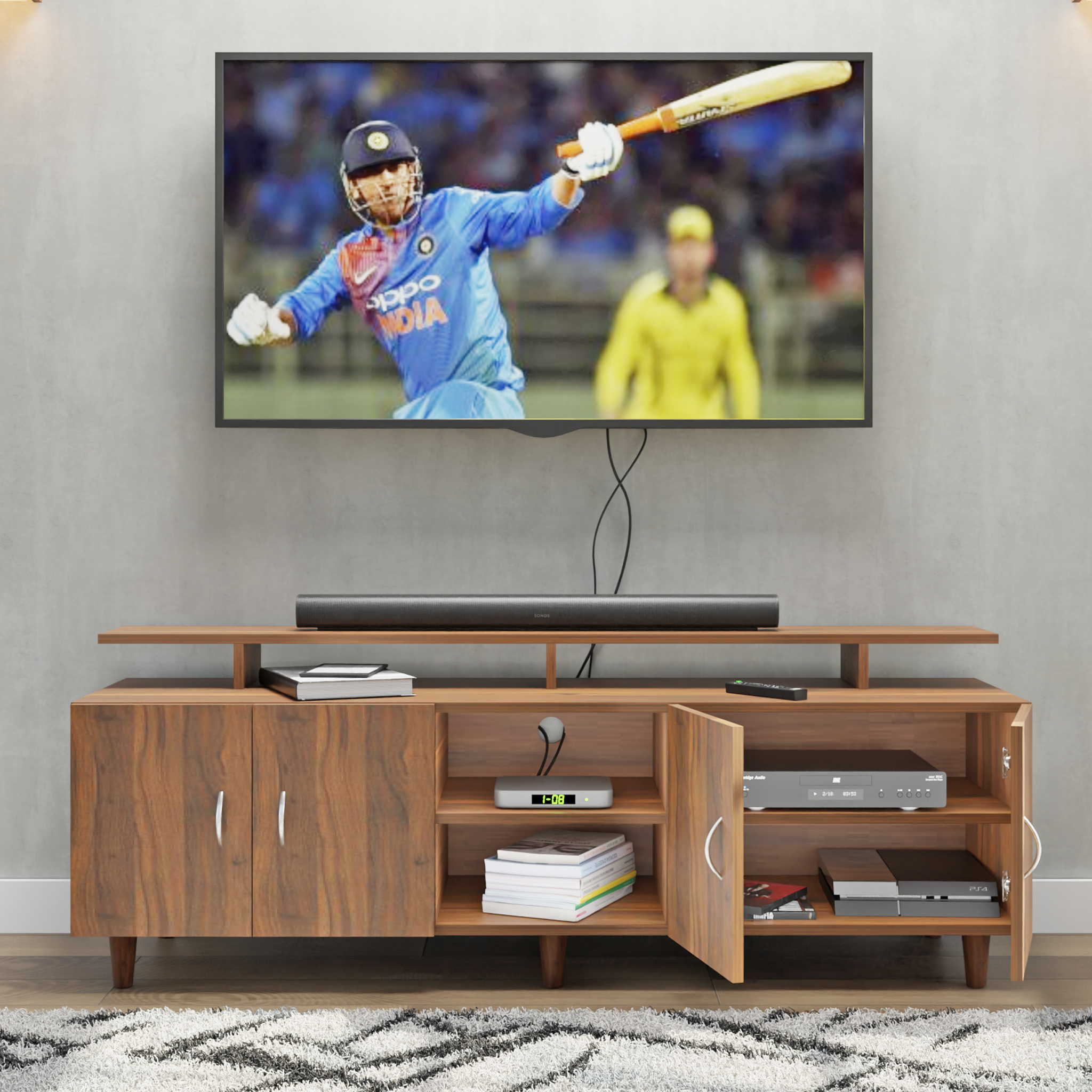 TV unit | 4 Doors, Open Shelves & Extension | Single Color TV & Entertainment Unit VIKI FURNITURE