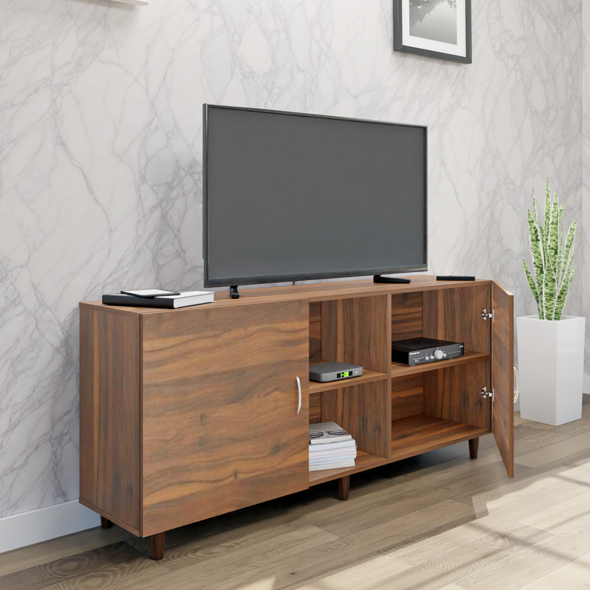 TV Unit | 2 Doors, Open Shelves | Single Color TV & Entertainment Unit VIKI FURNITURE