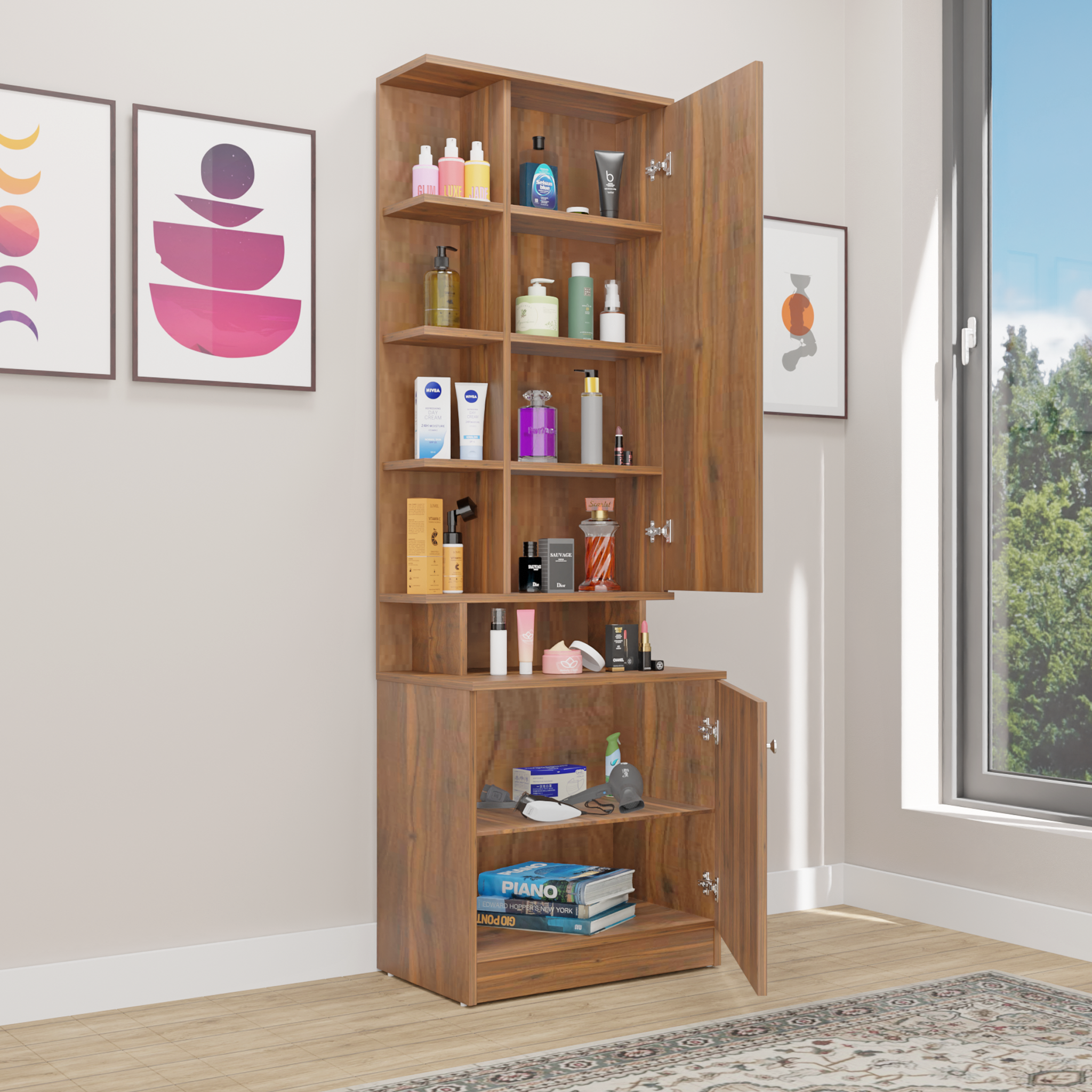 Dressing Table with Mirror Door | Drawer & Open Shelves Dressing Table VIKI FURNITURE