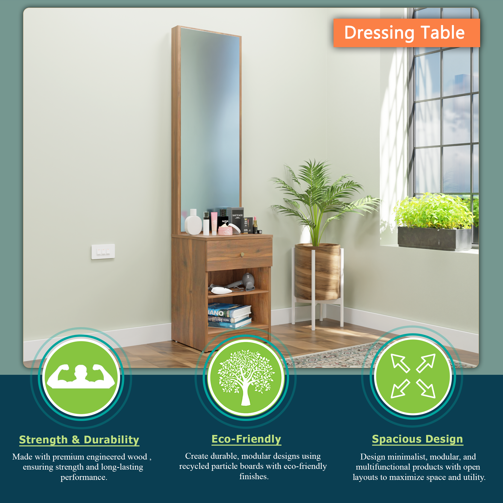 Dressing Table with Mirror Door | Drawer & Open Shelves Dressing Table VIKI FURNITURE