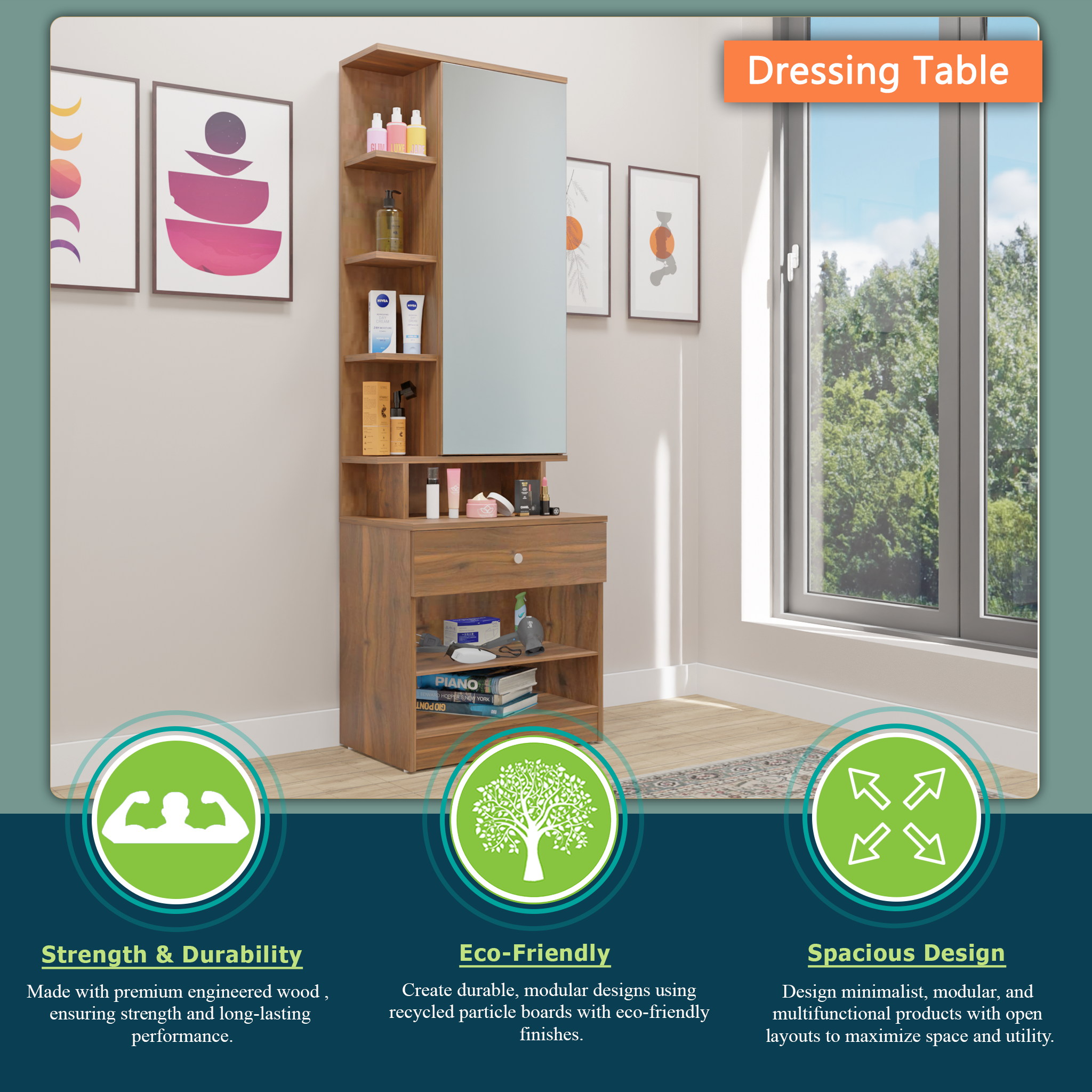 Dressing Table with Mirror Door | Door | Drawer & Open Shelves Dressing Table VIKI FURNITURE