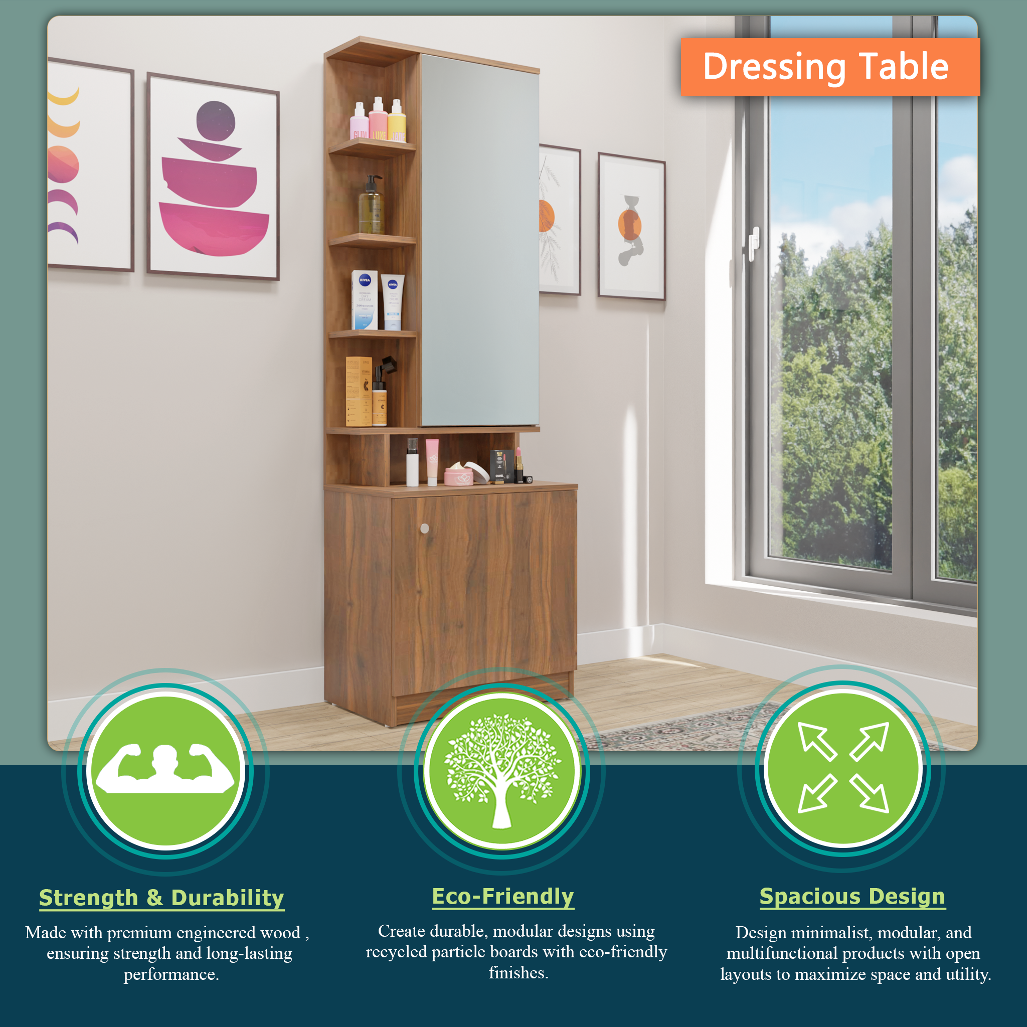 Dressing Table with Mirror Door | Drawer & Open Shelves Dressing Table VIKI FURNITURE