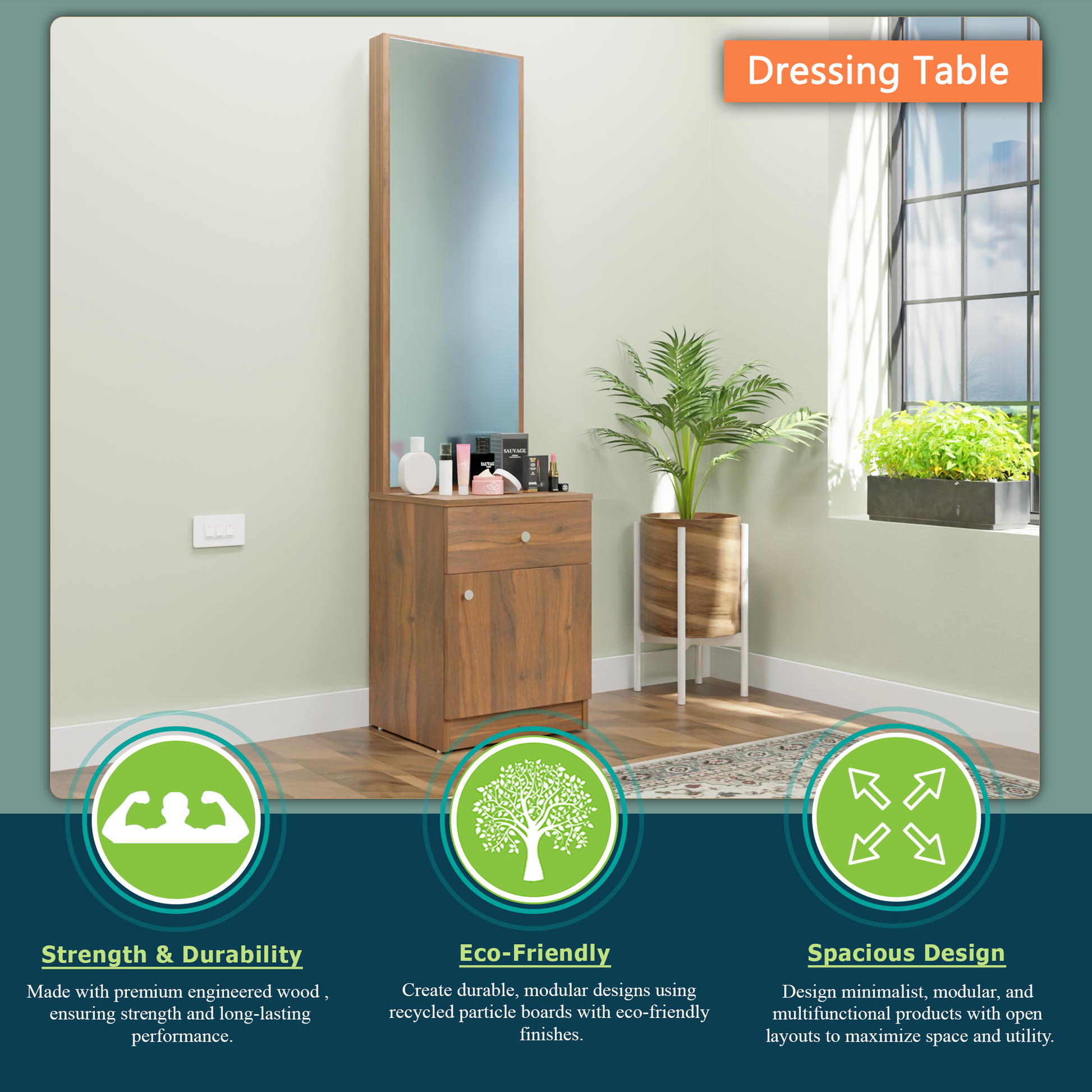 Dressing Table with Mirror Door | Door | Drawer & Open Shelves Dressing Table VIKI FURNITURE