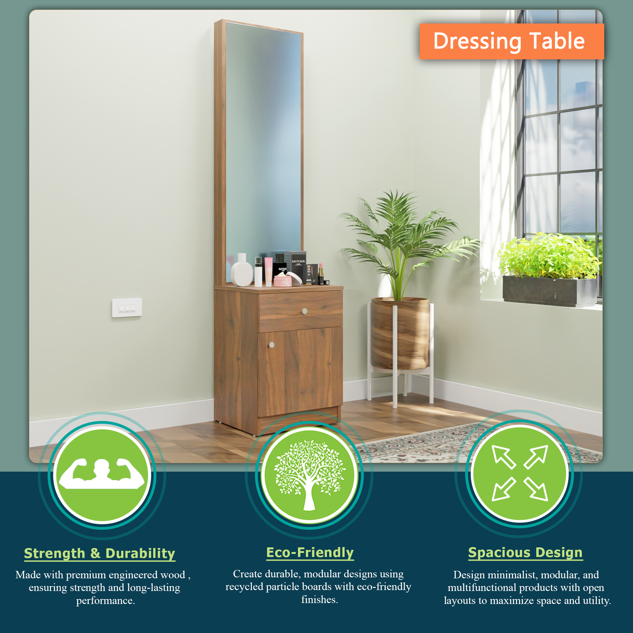 Dressing Table with Mirror Door | Door | Drawer & Open Shelves Dressing Table VIKI FURNITURE