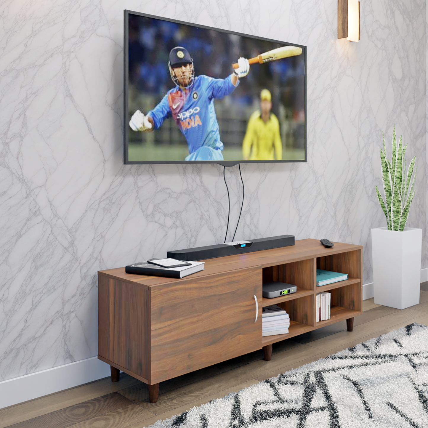 TV Unit | 1 Door, Open Shelves | Single Color TV & Entertainment Unit VIKI FURNITURE Brussel Walnut