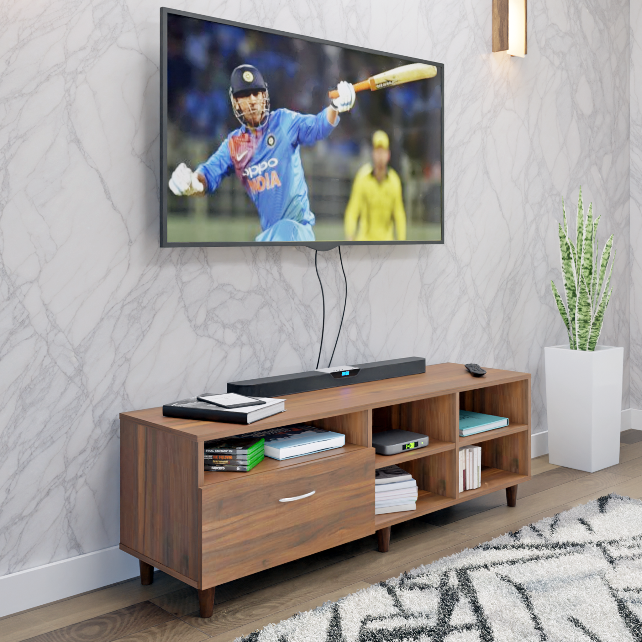 TV Unit | 1 Drawer, Shelf, Open Shelves | Single Color TV & Entertainment Unit VIKI FURNITURE Walnut