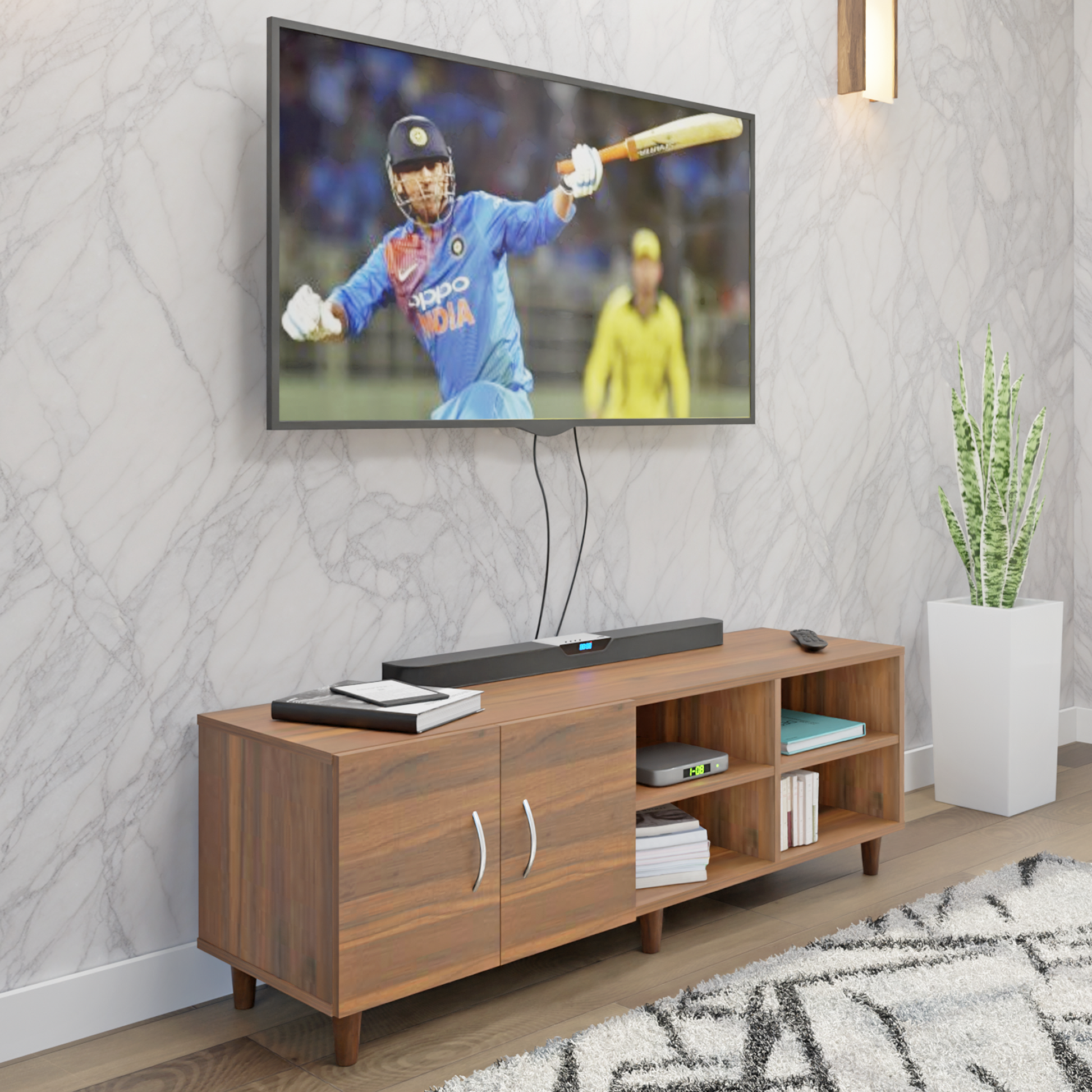 TV Unit | 2 Door, Open Shelves | Single Color TV & Entertainment Unit VIKI FURNITURE Walnut