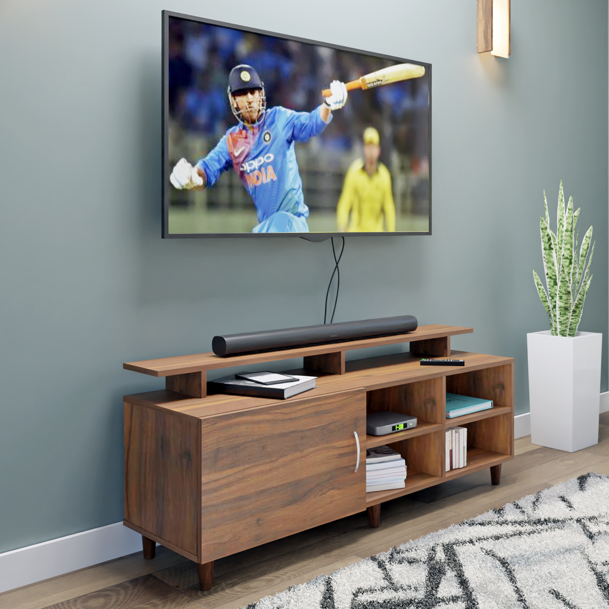 TV Unit | 1 Door, Open Shelves & Extension | Single Color TV & Entertainment Unit VIKI FURNITURE Walnut
