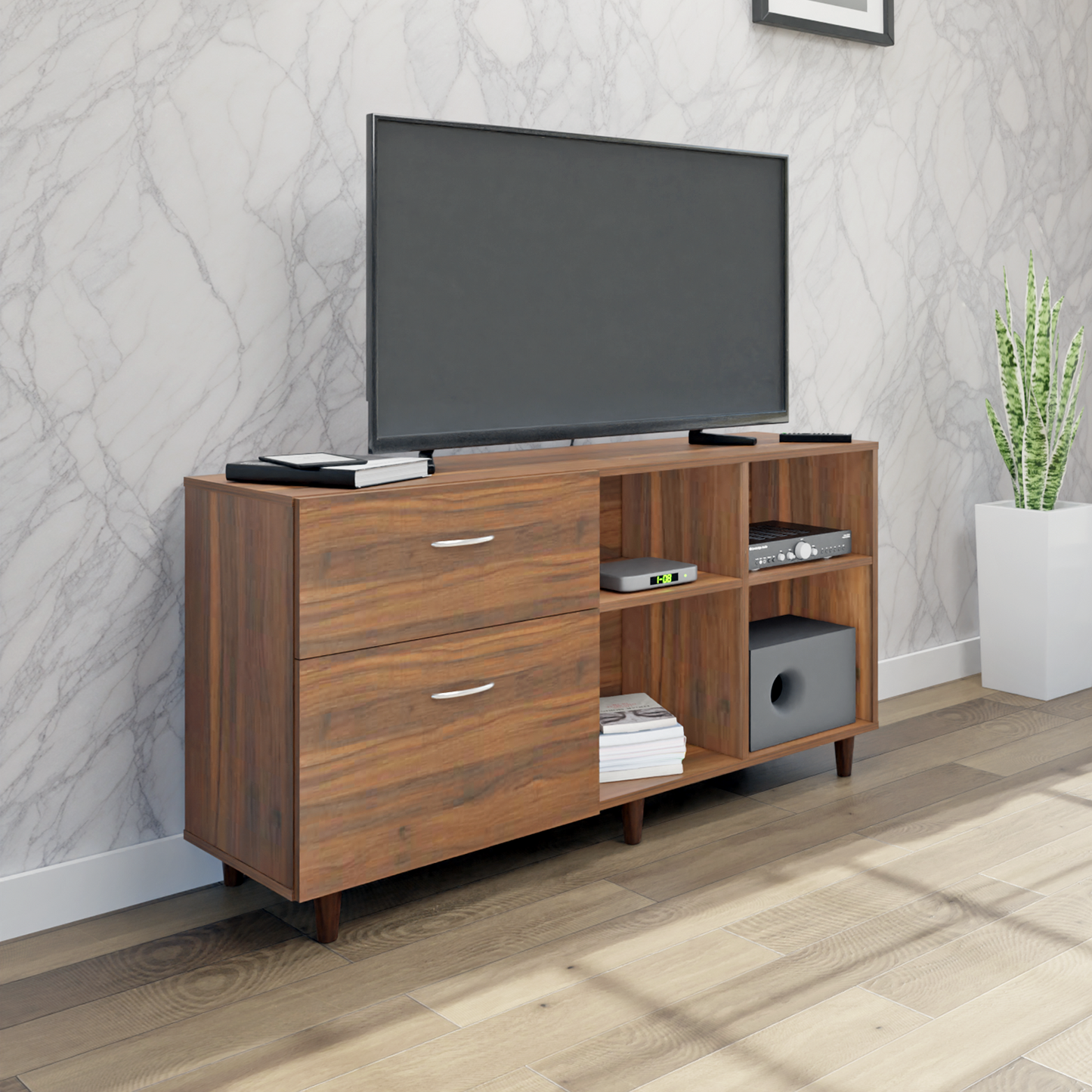 TV Unit | 2 Drawers, Shelf & Open Shelves | Single Color TV & Entertainment Unit VIKI FURNITURE Brussel Walnut