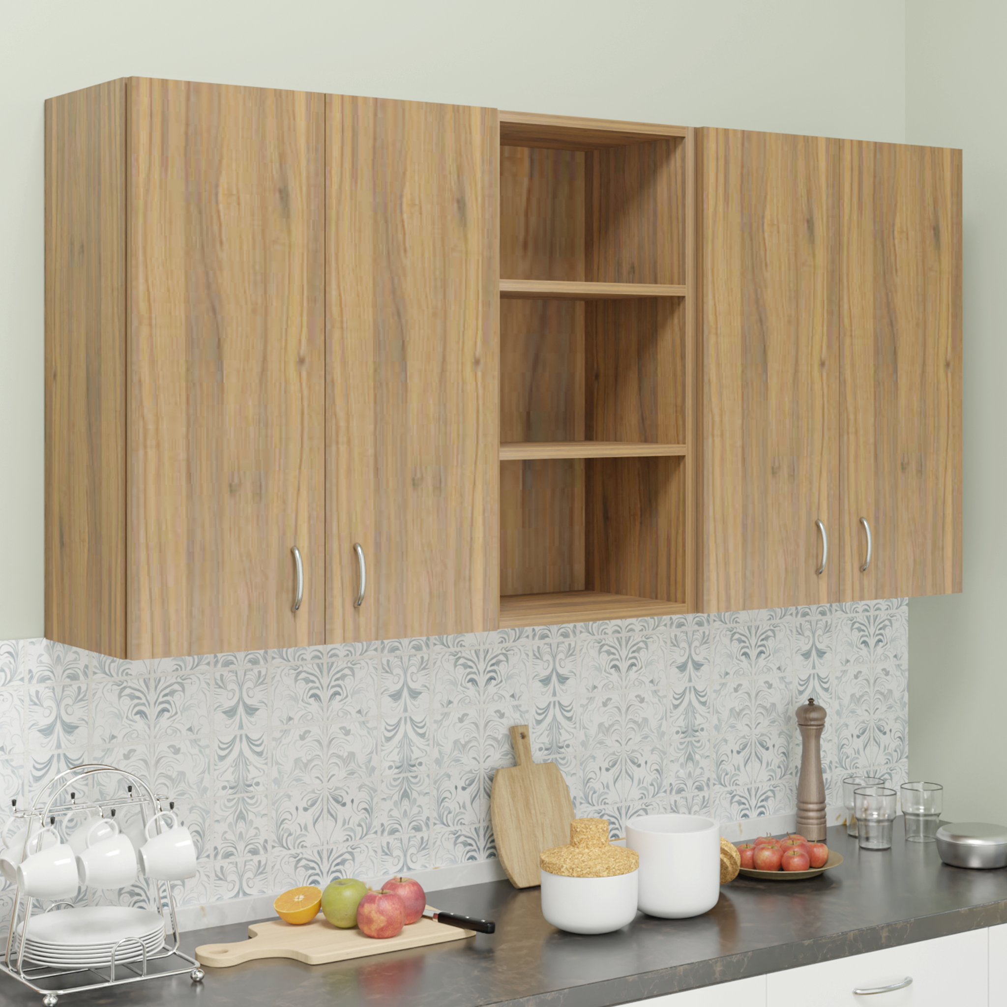 Traksha | Modular Kitchen | Wall Cabinet - 4 Doors with Open Shelf kitchen cabinet VIKI FURNITURE Walnut