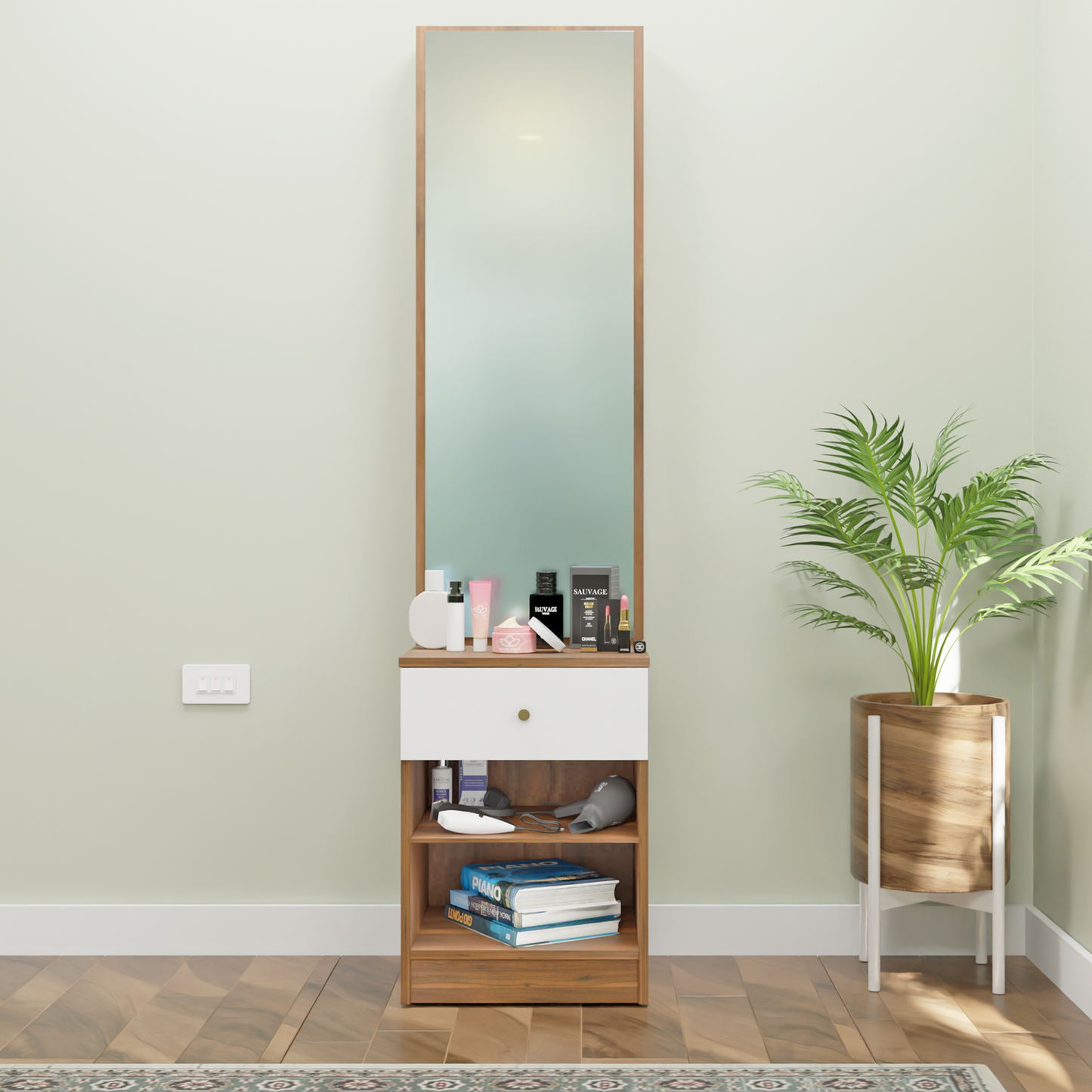 Dressing Table with Mirror Door | Drawer & Open Shelves Dressing Table VIKI FURNITURE