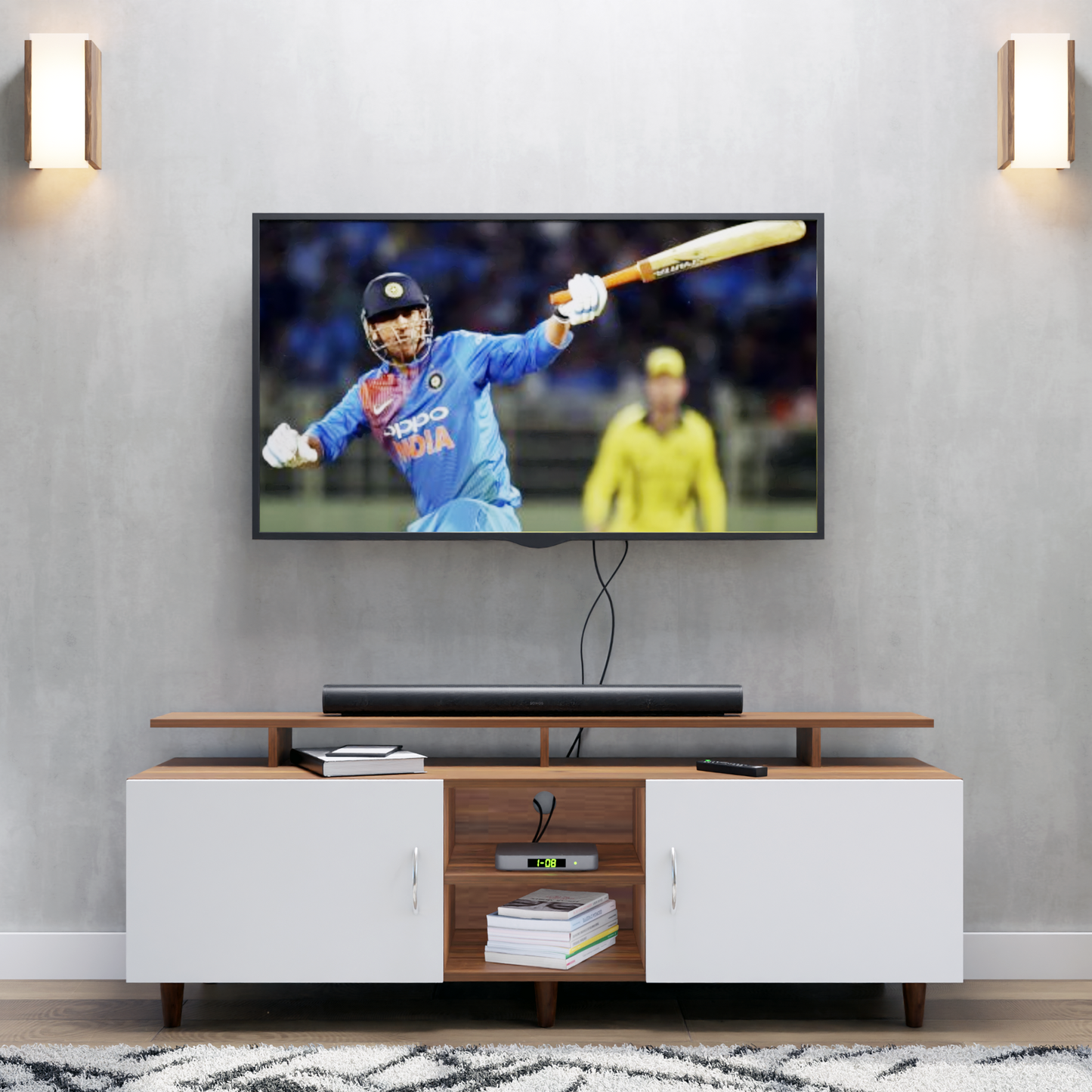 TV unit | 2 Doors, Open Shelves & Extension | Dual Color TV & Entertainment Unit VIKI FURNITURE Brussel Walnut with Frosty White