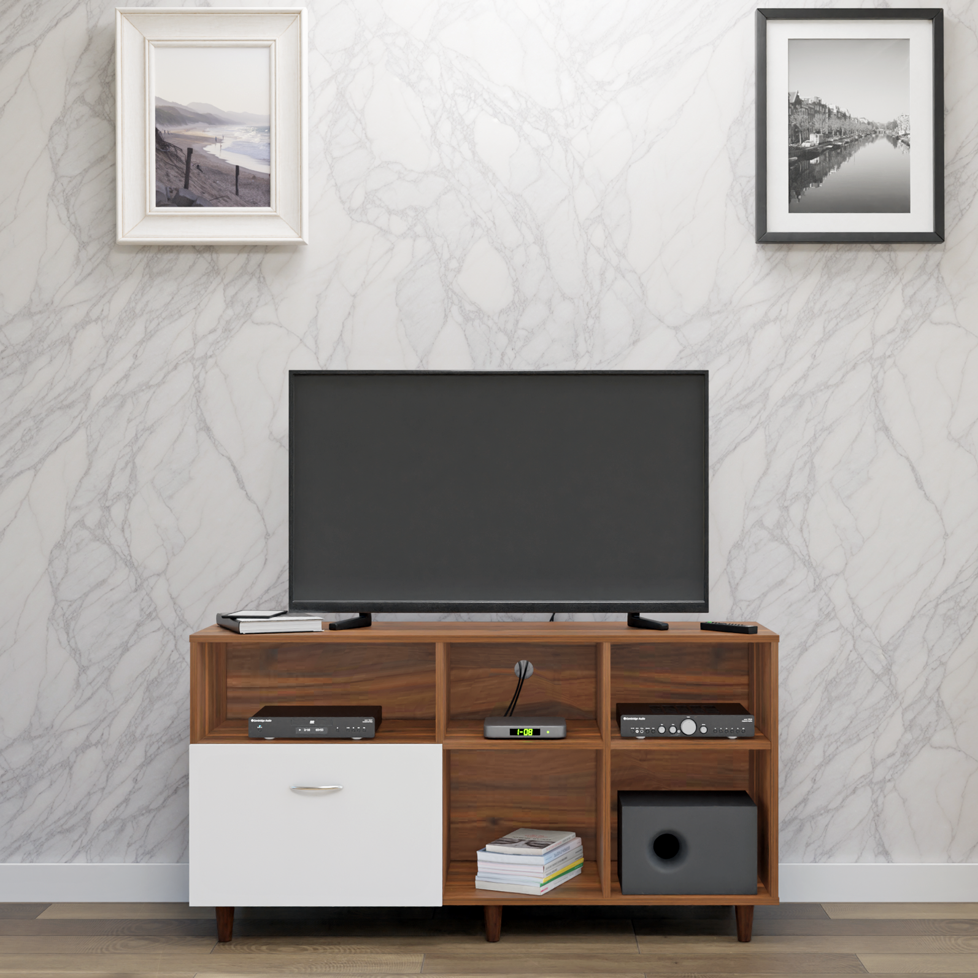TV Unit | 1 Drawer, Shelf & Open Shelves | Dual Color TV & Entertainment Unit VIKI FURNITURE