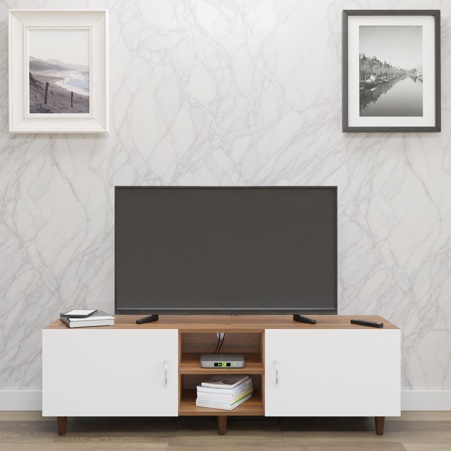 TV Unit | 2 Doors, Open Shelves | Dual Color TV & Entertainment Unit VIKI FURNITURE Brussel Walnut with Frosty White