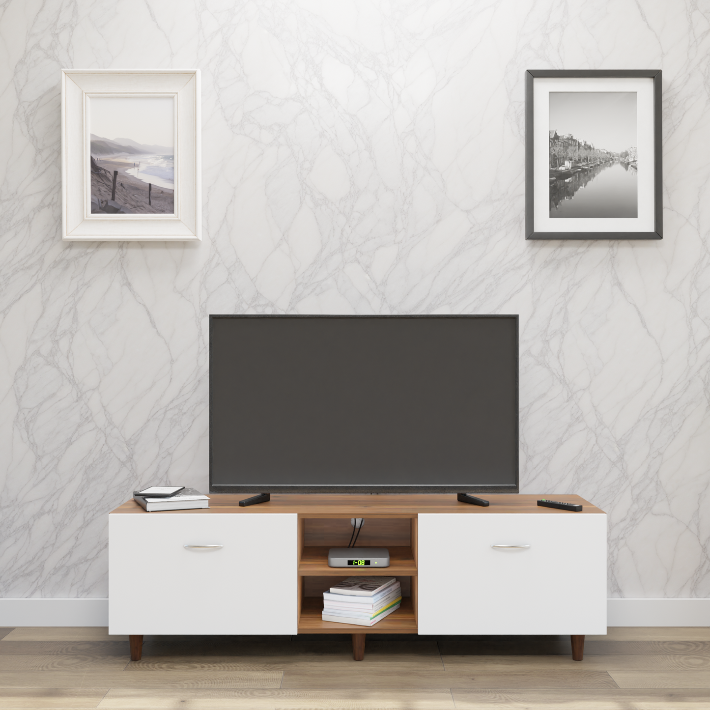TV Unit | Drawers, Open Shelf | Dual Color TV & Entertainment Unit VIKI FURNITURE Brussel Walnut with Frosty White