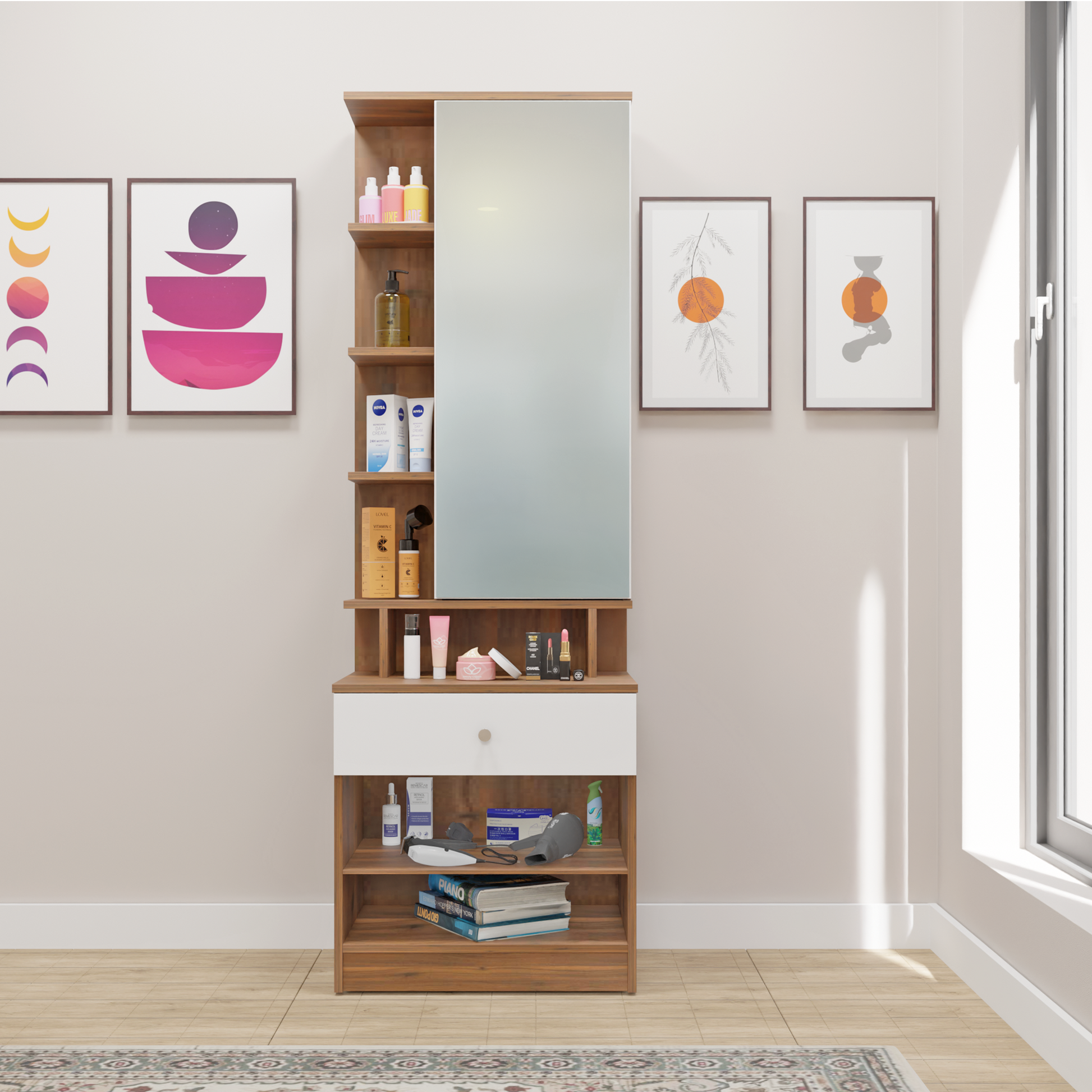 Dressing Table with Mirror Door | Door | Drawer & Open Shelves Dressing Table VIKI FURNITURE