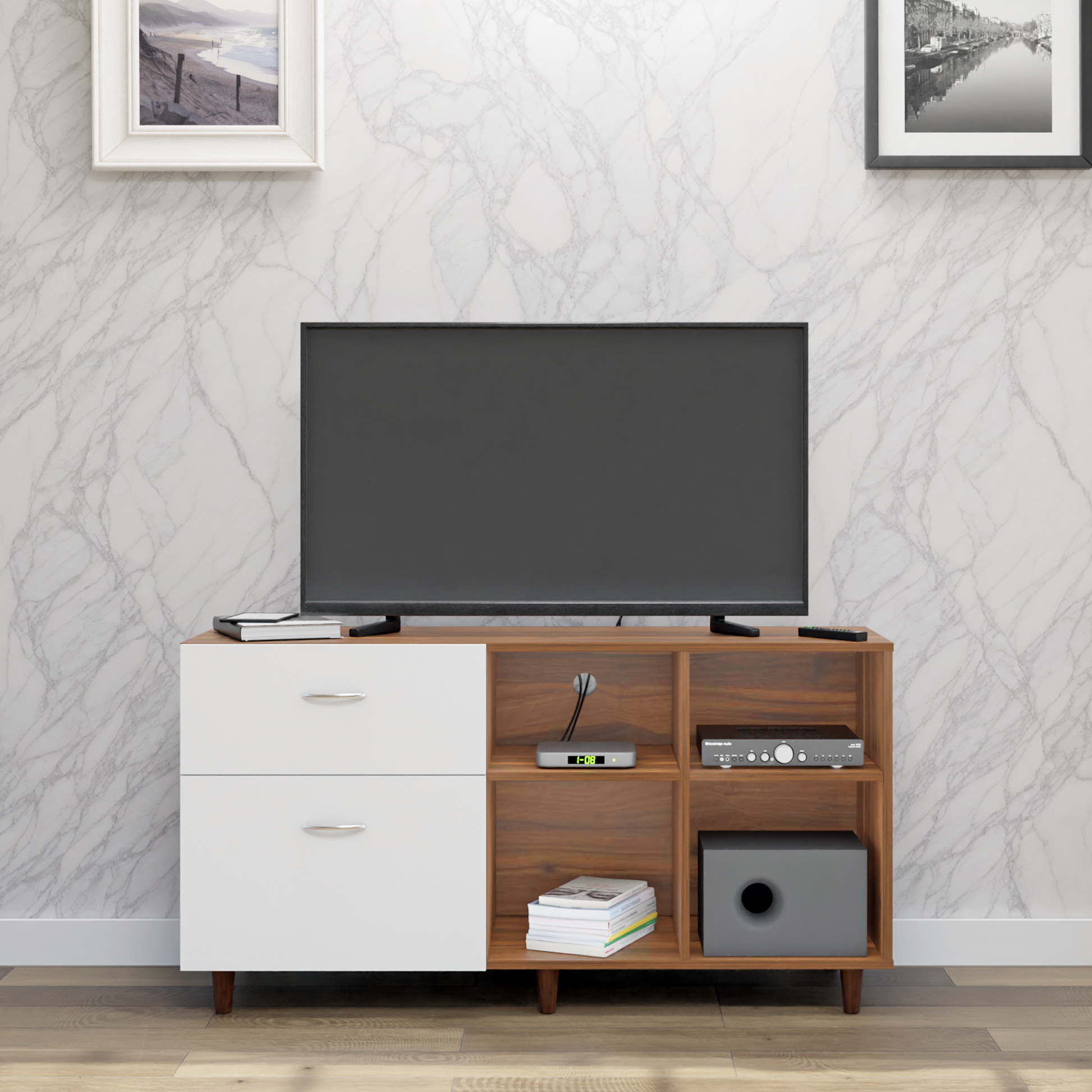 TV Unit | 2 Drawers, Shelf & Open Shelves | Dual Color TV & Entertainment Unit VIKI FURNITURE
