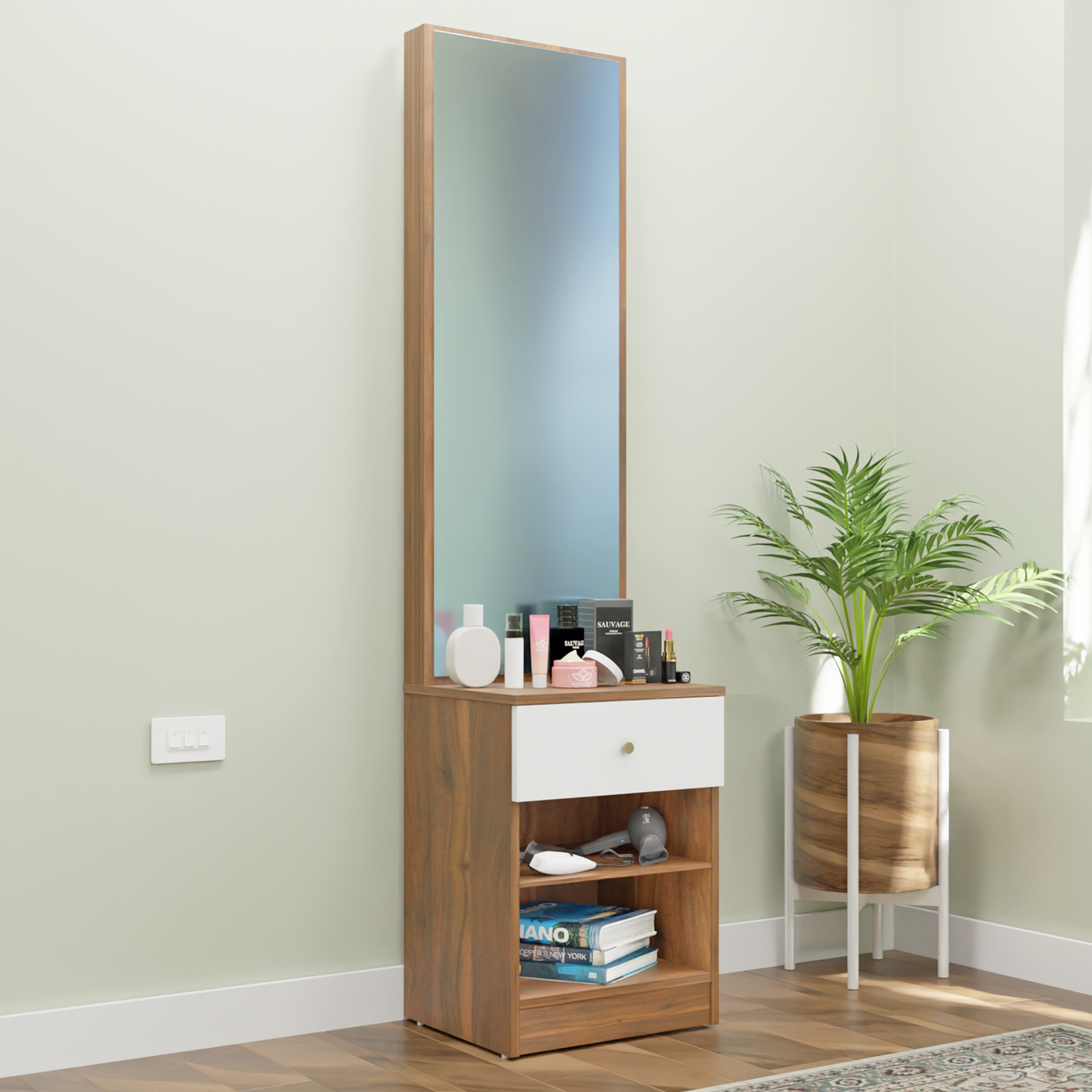 Dressing Table with Mirror Door | Drawer & Open Shelves Dressing Table VIKI FURNITURE Brussel Walnut & Frosty White