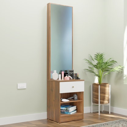 Dressing Table with Mirror Door | Drawer & Open Shelves Dressing Table VIKI FURNITURE Brussel Walnut & Frosty White