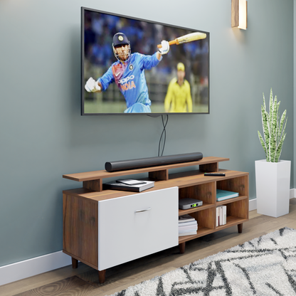 TV Unit | 1 Drawer, Open Shelves & Extension | Dual Color TV & Entertainment Unit VIKI FURNITURE Brussel Walnut with Frosty White
